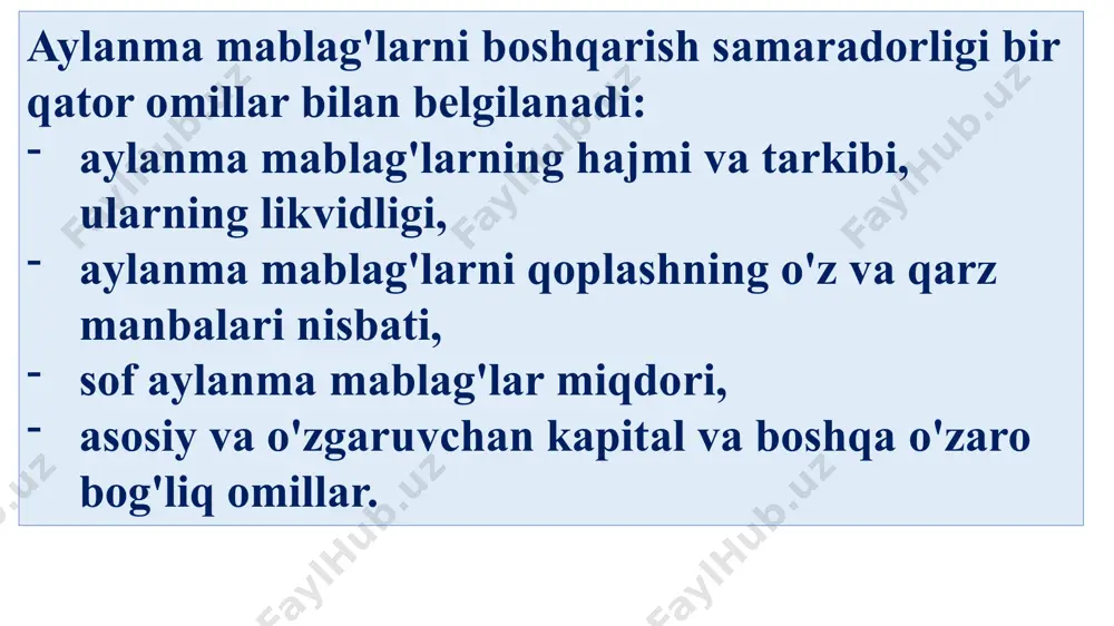 i. shunday qilib, zaxiraning kunlardagi normasi transport zaxirasi, tayyorlov zaxirasi, texnologik zaxira, joriy ombor zaxirasi va sug’urta zaxiralarining summasiga teng bo’lgan summalar yig’indisidan iborat. tugallanmagan ishlab chiqarish bo’yicha aylanma mablag’larni norma (me’yor)lashtirish buyumlarning guruhlari bo’yicha amalga oshiriladi va u quyidagi formula yordamida aniqlanadi: n = x 0 x u x k bu erlda: n - tugallanmagan ishlab chiqarish bo’yicha aylanma mablag’larning normativi; x 0 - mahsulotni ishlab chiqarishga qilinadigan bir kunlik xarajatlar; u - ishlab chiqarish tsiklining uzoqligi (kunlarda); k – xarajatlarning o’sib borish (jamlanib borish) koeffitsienti. mahsulotni ishlab chiqarishga qilinadigan bir kunlik xarajatlar chorak davomida tannarx bo’yicha ishlab chiqarilgan tovar mahsuloti qiymatini tegishli chorakdagi 90 kunga bo’lib topiladi. ishlab chiqarish tsiklining davomiyligi (uzoqligi) quyidagilar bilan belgilanadi: - bevosita ishlov berish jarayoniga tegishli vaqt (texnologik zaxira); - ishlov beriluvchi buyumlarning ish joylarida joylashishi (transport zaxirasi); - aylanma zaxirasi (ishlov berish operatsiyalari oralig’idagi vaqtlar); - sug’urta zaxirasi (uzilishlar sodir bo’ladigan vaziyatlar …