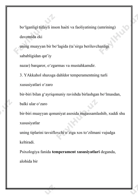 ri jihatidan o‘zaro o‘xshash shaxslarning guruhi mavjudligi namoѐn bo‘ladi. bu asnoda eramizdan oldingi davrda ham temperament tiplari to‘g‘risida materiallar to‘plangan. i.p. pavlov ta’limoti bo‘yicha nerv sistemasi tiplarining va gippokrat ta’limoti bo‘yicha temperamentning o‘zaro munosabatlari temperament tiplari nerv sistemasining kuchi nerv tizimining muvozanati nerv tizimining ildamligi xolerik kuchli jo‘shqin muvozanatsiz qizg‘in serharakat sangvinik kuchli serharakat muvozanatli serharakat flegmatik kuchli vazmin muvozanatli inert (sust) melanxolik kuchsiz muvozanatsiz tormozli serharakat ѐki inert ularda temperament tipi deyilganda, insonlarning muayyan guruhlarini tavsiflovchi psixik xususiyatlarning yig‘indisi (majmuasi) tushuniladi. hozirgi davrda temperament tipi deganda, ma’lum insonlar guruhi uchun umumiy bo‘lgan xususiyatlarning sodda majmuasi emas, balki mazkur xususiyatlarning qonuniy, zaruriy o‘zaro bog‘liqligi tushuniladi. temperament tipini tavsiflovchi xususiyatlarning qonuniy tarzda o‘zaro bog‘liqligi quyidagicha aks etishi mumkin. turli temperament tipiga mansub insonlarda har xil xarakter xususiyatlari, shaxs sifatlari, holatlari ro‘y beradi. temperament tiplariga mos xususiyatlarni muhimlari quyidagi jadvalda aks ettiriladi. sangvinik yuksak reaktivlik. bo‘lar-bo‘lmas narsalarga qattiq xoxolab kulaveradi. muhim bo‘lmagan …