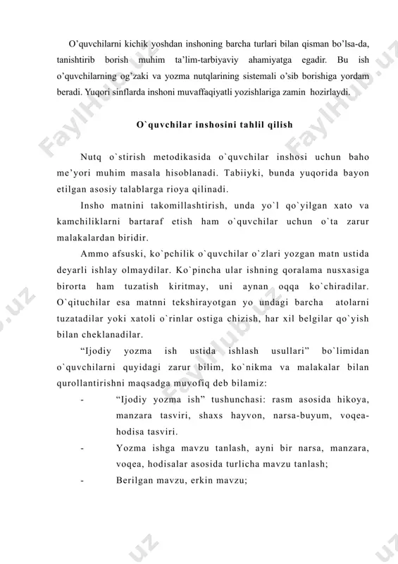 ish; b) so’zda harflar orttirib yozish; v) so’zda harf tushirib qoldirish; g) so’zda harflar birikishini buzish (ajratnb yozish yoki xato biriktirib yozish singari). 2. fonetik xatolar. bunday xatolar so’zlarni to’gri talaffuz qila bilmaslik, sheva va dialektlar ta’sirida bo’ladi. fonetik xatolarning, asosan, quyidagi ko’rinishlari mavjud: a) dialekt va sheva xatolari (borgan edi — boruvdi, kelgan edim — keluvdim, bo’lmas ekan — bo’masakan singari). b) assimilyasiya hodisasi natijasida (tomni — tommi, yigitcha — yigichcha, ketdi — ketti singari). v) tovushlar almashuvi natijasida (devor — dovol, nuqta — nuxta). 3. morfologik xatolar. so’zning o’zagi va qo’shimchalarida yo’l qo’yilgan xatolar morfologik xato hisoblanadi. bunday xatolarning sodir bo’lishiga quyidagilar sabab bo’ladi: - so’zning ma’nosini tushunmaslik; - grammatik qoidalarni bilmaslik; - orfografik qoidalarni unutish; - parishonxotirlik. - mexanik xatolar (o’quvchilarning ixtiyorsiz ravishda xatoga yo’l quyishlari). inshoda ko’p uchraydigan xarakterli xato​lar: - gapda so’zlarning boshlanishini bilmaslik; - ko’chirma gap va dialoglarga e’tibor bermaslik. bunday xatolar ikki yo’nalishda: …