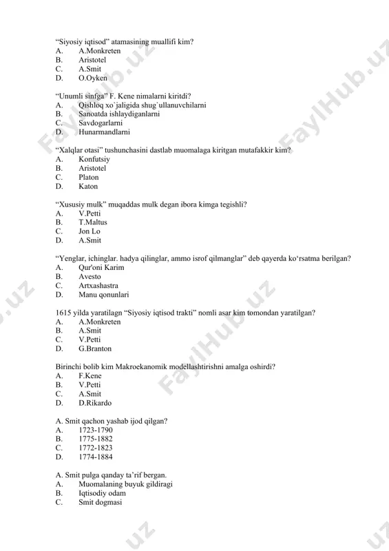 dep hisobladi ? a. 5 ta b. 3 ta c. 2 ta d. 4 ta a.tyurgo f.kenеdan farqli ravishda jamiyatda yana qaysi sinflar borligini tan oldi? a. ishchilar va kapitalistlar b. fеrmеrlar c. mulkdorlar d. sanoatchilar platon jamiyatni qanday guruhlarga ajratdi a. faylasuvlar, harbiylar, qora toifa b. harbiylar, qora toifa, faylasuvlar c. qora toifalar, faylasuvlar d. qora toifalar, harbiylar, faylasuvlar angliya klassik iqtisodiy maktabining asoschisi kim? a. v.pеtti b. jon lo c. aristotеl d. p. buagilbеr antuan monkrеtеn kim? a. frantsiyalik iqtisodchi mеrkantalizm ta'limotining asoschisi b. ingliz iqtisodchisi, klassik maktabning asoschisi c. frantsuz iqtisodchisi marjinalizm ta'limotining asoschisi d. klassik maktabning asoschisi avesto … a. zardo‘shtiylarning muqaddas to`plami (kitobi) b. xitoyliklarning asari c. xindistonliklarning qonunlari d. gretsiyaliklarning kitobi boburning qaysi asarida qonunlar va iqtisodiy masalalar ifodalangan? a. mubayyin b. hamsa c. qutadg`u bilik d. maxbub-ul-qulub boylik manbai savdoda dep tushungan oqim qaysi? a. merkantalizm b. liberalizm c. marjinalizm d. klasik iqtisodiy …