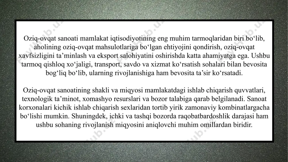 ta’minlovchi ishlab chiqarish subyektlari. kichik ishlab chiqarish sexlari – mahalliy bozorda tor assortimentli mahsulot ishlab chiqarishga ixtisoslashgan korxonalar. korxonalar ixtisoslashuviga ko‘ra go‘sht-sut, qandolat, ichimliklar, yog‘-moy, konserva va boshqa tarmoqlarga bo‘linadi. mahsulot ishlab chiqarish texnologiyasi va ishlab chiqarish quvvatlari oziq-ovqat mahsulotlari ishlab chiqarish texnologiyasi xomashyodan tayyor mahsulotgacha bo‘lgan barcha bosqichlarni o‘z ichiga oladi. har bir mahsulot turi o‘ziga xos qayta ishlash jarayoniga ega: don mahsulotlari uchun maydalash va elash, sut uchun pasterizatsiya, go‘sht uchun sovutish va kesish, ichimliklar uchun filtrlash va gazlash. ishlab chiqarish quvvatlari korxonaning texnik jihozlari, xomashyo bazasi va ishlab chiqarish maydoniga bog‘liq. zamonaviy texnologiyalarni joriy etish orqali quvvatlarni oshirish va ishlab chiqarish tannarxini kamaytirish imkoniyati mavjud. mahalliy va xalqaro bozorda faoliyat yuritish shakllari mahalliy bozorda faoliyat yurituvchi korxonalar odatda ichki ehtiyojni qondirishga qaratilgan bo‘ladi. ular mahsulotlarini savdo tarmoqlari, supermarketlar, bozorlar va onlayn savdo platformalari orqali sotadi. xalqaro bozorda esa eksportga yo‘naltirilgan korxonalar faoliyat yuritadi. bunda mahsulot sifati xalqaro …