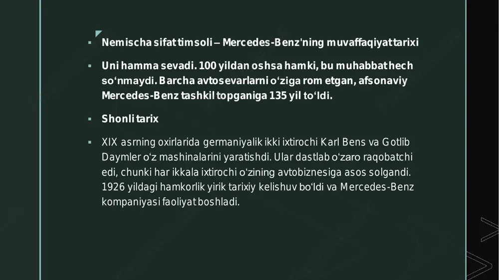 nish kiritilgan. ▪ xodim o‘zini yuqori sifatli mahsulot ishlab chiqaruvchi sifatida his qilishi ish beruvchi uchun muhim. 1997 yildan buyon mercedes kompaniyasida yo‘lga qo‘yilgan tizimga ko‘ra, xodimlar har bir yaxshi ishi uchun mukofotlanadi. misol uchun, bir yilda konsern faqatgina yuqori klassdagi avtomobillar sotuvidan 13 mlrd yevro daromad qilgan va rahbariyat shu daromadning bir qismini konsernda ishlaydigan 130 mingdan ortiq ishchilarning har biriga 5400 yevrodan mukofot sifatida ulashgan. z ▪ balki shular sabab kompaniya 2017, 2019 va 2020 yillarda “eng jozibali ish beruvchi” sifatida tan olingan. ▪ 2019 yilda kompaniya 173 mlrd yevro daromad qilgan edi. pandemiya sabab bu ko‘rsatkich 2020 yilda 154 mlrd yevroni tashkil qildi. ko‘rish mumkinki, kompaniyaning yengil avtomobillar va tijorat transport vositalari sotuvi 15 foizga kamaygan. ammo urush davridagi inqirozni yengib o‘tgan mercedes uchun bu qiyin ish emas. pandemiya sharoitida ham kompaniya ish sur'atini pasaytirmaslik uchun avtomobil konveyer usulida yetkazib berish xizmatini dunyoda birinchilardan bo‘lib yo‘lga qo‘ydi. …