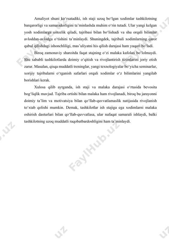 zariy bilimlarga ega bo‘lsa-da, amaliyotda ularning qo‘llanishini tushunishda qiyinchiliklarga duch keladi. ana shunday paytda tajribali xodimlarning ko‘rsatmalari va maslahatlari ularga katta yordam beradi. natijada, yangi kadrlarning o‘rganish jarayoni tezlashadi va tashkilot umumiy samaradorligi oshadi. uchinchidan, tajribali xodimlarning tashkilotga sodiqligi ham yuqori bo‘ladi. odatda uzoq yillardan buyon bir tashkilotda ishlab kelayotgan kadrlar o‘z ish joyiga nisbatan mas’uliyat va fidoyilik bilan yondashadilar. ularning tashkilot qadriyatlarini chuqur bilishi, ichki tartib-qoidalarini mukammal o‘zlashtirganligi natijasida ular boshqalarga o‘rnak bo‘ladi. bu esa korporativ madaniyatning mustahkamlanishiga olib keladi. to‘rtinchidan, tajribali xodimlarning ijodkorlik va innovatsion yondashuvi ham muhim. har qancha tajriba orttirgan bo‘lsa-da, ular yangiliklarni o‘zlashtirishdan cho‘chimasalar, tashkilotda samaradorlik yanada oshadi. chunki tajriba va innovatsiya uyg‘unligi eng katta natijalarga olib keladi. masalan, zamonaviy texnologiyalarni tajribali mutaxassislar tez o‘zlashtirsa, ular uni o‘z amaliy tajribasi bilan uyg‘unlashtirib, tashkilot uchun yangi imkoniyatlar yaratishi mumkin. shuningdek, tajribali xodimlarning ishonchliligi ham tashkilot samaradorligining kafolati hisoblanadi. ular ish jarayonida yuqori sifatni ta’minlashga intiladilar, xatolarga …