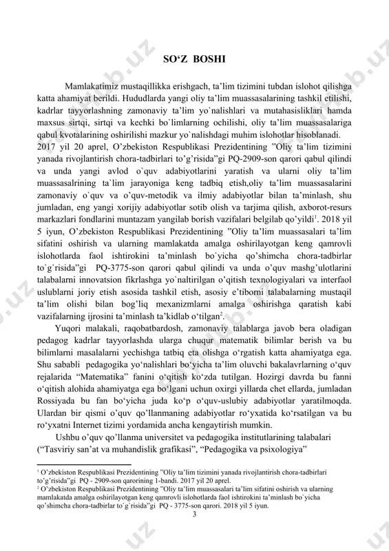sh va bu bilimlarni masalalarni yechishga tatbiq eta olishga o‘rgatish katta ahamiyatga ega. shu sababli pedagogika yo‘nalishlari bo‘yicha ta’lim oluvchi bakalavrlarning o‘quv rеjalarida “matеmatika” fanini o‘qitish ko‘zda tutilgan. hozirgi davrda bu fanni o‘qitish alohida ahamiyatga ega bo‘lgani uchun oxirgi yillarda chet ellarda, jumladan rossiyada bu fan bo‘yicha juda ko‘p o‘quv-uslubiy adabiyotlar yaratilmoqda. ulardan bir qismi o’quv qo’llanmaning adabiyotlar ro‘yxatida ko‘rsatilgan va bu ro‘yxatni internet tizimi yordamida ancha kengaytirish mumkin. ushbu o’quv qo’llanma universitet va pedagogika institutlarining talabalari (“tasviriy san’at va muhandislik grafikasi”, “pedagogika va psixologiya” yo’nalishlari) uchun “matеmatika” fanining namunaviy dasturida rejalashtirilgan mavzularni o‘z ichiga olgan. bu mavzular bo‘lg‘usi mutaxassislar uchun zarur bo‘lgan chiziqli algebra, vektorlar, chiziqli tenglamalar sistemasi, analitik geometriya elementlari, ikkinchi tartibli egri chiziqlar, fazoda to’g’ri chiziq va tekislik tenglamalari, matematik analiz elementlari, differensial hisob va integral hisobi kabi asosiy bo‘limlarini tashkil etadi. mavzular bo’yicha nazariy ma’lumotlar, ular asosida yechilgan misol va masalalar hamda talabalar mustaqil yechishlari uchun …