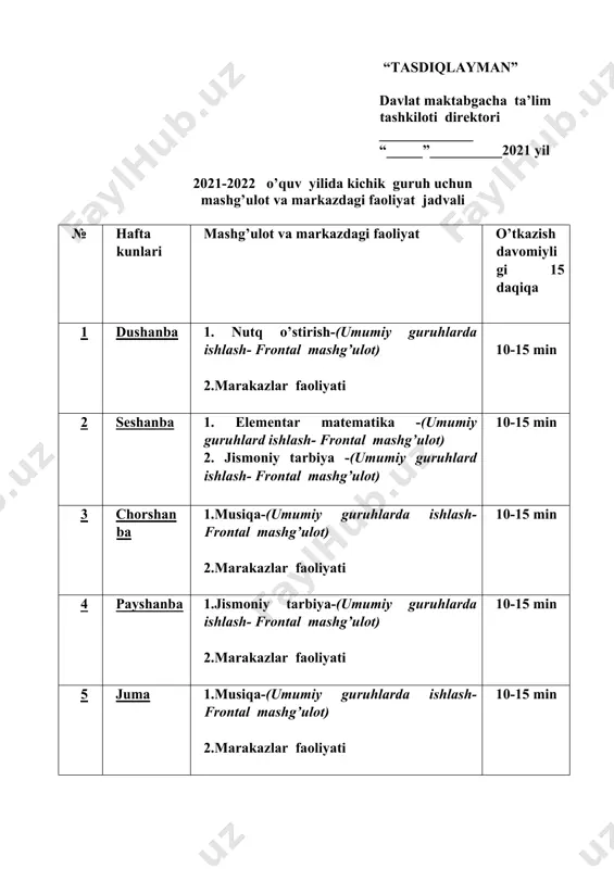 l 2021-2022 o’quv yilida o’rta guruh uchun mashg’ulot va markazdagi faoliyat jadvali № hafta kunlari mashg’ulot va markazdagi faoliyat o’tkazish davomiyligi 20 daqiqa 1 dushanba 1. nutq o’stirish-(umumiy guruhlarda ishlash- frontal mashg’ulot) 2.marakazlar faoliyati 15-20 min 2 seshanba 1. elementar matematika -(umumiy guruhlard ishlash- frontal mashg’ulot) 2. jismoniy tarbiya -(umumiy guruhlardа ishlash- frontal mashg’ulot) 15-20 min 3 chorshanba 1.musiqa-(umumiy guruhlarda ishlash- frontal mashg’ulot) 2.nutq o’stirish-(umumiy guruhlarda ishlash- frontal mashg’ulot) 15-20 min 4 payshanba 1.jismoniy tarbiya-(umumiy guruhlarda ishlash- frontal mashg’ulot) 2.marakazlar faoliyati 15-20 min 5 juma 1.musiqa-(umumiy guruhlarda ishlash- frontal mashg’ulot) 2.marakazlar faoliyati 15-20 min “tasdiqlayman” davlat maktabgacha ta’lim tashkiloti direktori _____________ “_____”__________2021 yil 2021-2022 o’quv yilida maktabga tayyorlov guruh uchun mashg’ulot va markazdagi faoliyat jadvali № hafta kunlari mashg’ulot va markazdagi faoliyat o’tkazish davomiyligi 30 daqiqa 1 dushanba 1. markazdagi faoliyat 2. ikkinchi tilni o’rganish (umumiy guruhlarda ishlash- frontal mashg’ulot) 3. jismoniy tarbiya (umumiy guruhlarda ishlash) 25-30 min 2 seshanba …