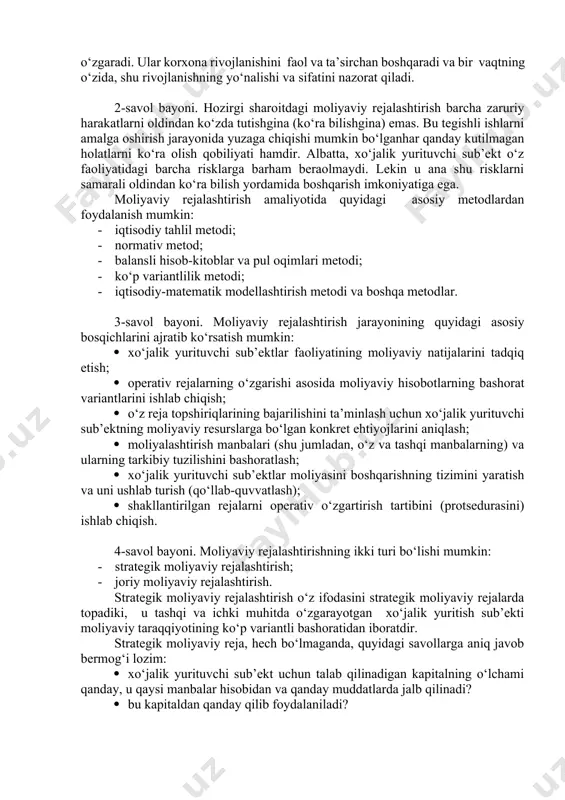 qibatlarini kompleks tarzda bashoratlash, uzoq muddatli salbiy tendensiyalarni kuzatish va ularga nisbatan tegishli choralarni o‘z vaqtida qabul qilish maqsadlarida amalga oshiriladi. odatda, istiqboldagi (istiqbol uchun mo‘ljallangan) moliyaviy rejalar navbatdagi uch yil uchun ishlab chiqilib, uning birinchi yili uchun byudjet tuziladi, navbatdagi ikki yil reja davri hisoblanib, ular davomida e’lon qilingan iqtisodiy siyosatning haqiqiy natijalari kuzatiladi. istiqboldagi (istiqbol uchun mo‘ljallangan) moliyaviy rejalar mamlakat, uning ma’muriy-hududiy tuzilmalari sotsial-iqtisodiy rivojlani-shining aniqlashtirilgan o‘rta muddatli bashoratining ko‘rsatkichlarini hisobga olgan holda har yili o‘zgartirilishi (korrektirovka qilinishi) mumkin. reja davri esa, bunda yana bir yil oldinga suriladi. ijtimoiy takror ishlab chiqarishning proporsionalligi va balansliligini ta’minlashda, pul muomalasini tartibga solishda davlatning yig‘ma moliyaviy balansi (moliyaviy resurslar balansi) va har bir ma’muriy-hududiy tuzilmalarning daromadlar va harajatlar balansi muhim o‘rinni egallaydi. davlatning yig‘ma moliyaviy balansi (moliyaviy resurslar balansi) mamlakat, uning sub’ektlari, mahalliy-hududiy tuzilmalari va ma’lum hududda faoliyat ko‘rsatayotgan barcha xo‘jalik yurituvchi sub’ektlarning barcha daromadlari va harajatlarining jamidan iboratdir. u o‘tgan …
