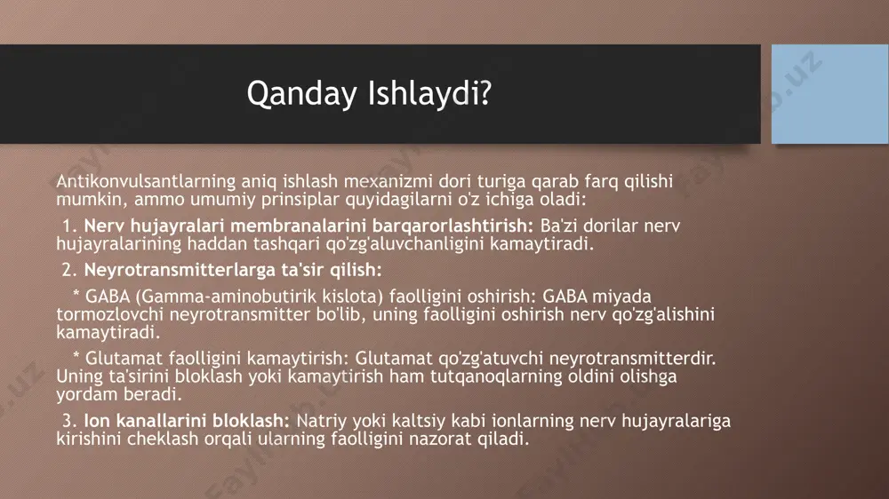 tikonvulsantlarning ta'siriga xalaqit berishi va tutqanoqlarni qo'zg'atishi mumkin. alkogol iste'mol qilishdan oldin shifokor bilan maslahatlashing. turmush tarzi: muntazam uyqu, stressni boshqarish va tutqanoqlarni qo'zg'atishi mumkin bo'lgan boshqa omillardan qochish dori-darmonlar bilan birgalikda epilepsiyani nazorat qilishga yordam beradi. mavzu: psixosimulyatorlarning farmakologik xususiyatlari. psixostimulyatorlar - bu markaziy asab tizimiga (mat) rag'batlantiruvchi ta'sir ko'rsatadigan, aqliy va jismoniy faollikni oshiradigan dori vositalari guruhidir. ularning farmakologik xususiyatlari juda keng qamrovli bo'lib, quyidagilarni o'z ichiga oladi. 1. ta'sir mexanizmi: katexolaminlar (dofamin va noradrenalin) darajasini oshirish: ko'pchilik psixostimulyatorlarning asosiy ta'sir mexanizmi sinaptik bo'shliqda dofamin va noradrenalin kabi neyrotransmitterlar miqdorini oshirishdan iborat. bu ikki yo'l bilan amalga oshirilishi mumkin: * neyronlardan ajralib chiqishini kuchaytirish: masalan, amfetaminlar (adderall, deksedrin) neyronlardan dofamin va noradrenalinning ko'proq ajralib chiqishiga olib keladi. * qayta qamrab olinishini bloklash (ingibirlash): masalan, metilfenidat (ritalin, konserta) va kokain bu neyrotransmitterlarning neyronlarga qayta so'rilishini bloklaydi, natijada ular sinaptik bo'shliqda uzoqroq vaqt qolib, ta'sirini kuchaytiradi. serotonin darajasiga ta'siri: ba'zi …