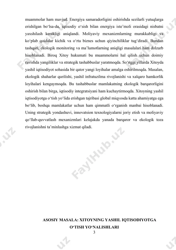 a ekologik sohalarini tubdan o‘zgartirishga qaratilgan. bu jarayon bir nechta asosiy yo‘nalishlarda amalga oshirilmoqda, ular orasida energiya sektori, yashil moliya va qonuniy-huquqiy asoslar alohida ahamiyatga ega. quyida har bir yo‘nalish bo‘yicha batafsil ma’lumotlar va aniq raqamlar bilan tanishamiz. 1. energiya sektori. energiya sektori xitoyning yashil iqtisodiyotga o‘tishidagi eng muhim ustuvor yo‘nalishlardan biridir. mamlakat energetika tizimini toza, qayta tiklanuvchi manbalarga o‘tkazish orqali karbon chiqindilarini keskin kamaytirishga intilmoqda. 2024 yilga kelib, xitoyda o‘rnatilgan qayta tiklanuvchi energiya quvvati 373 gigavattga yetdi, bu umumiy energiya quvvatining taxminan 50 foizdan ortig‘ini tashkil etdi. bu ko‘rsatkich o‘tgan yillarga nisbatan sezilarli o‘sishni anglatadi: masalan, 2019 yilda qayta tiklanuvchi energiya quvvati atigi 230 gigavatt bo‘lgan edi. bu esa, 5 yil ichida 62 foizga o‘sish demakdir. quyosh energiyasi sohasida xitoy dunyoda yetakchi o‘rinlarni egallaydi. 2024 yilda quyosh energiyasi bo‘yicha o‘rnatilgan quvvat 250 gigavattga yetib, global bozorning 40 foizdan ortig‘ini egalladi. shamol energetikasi ham jadal rivojlanmoqda: mamlakatda 100 gigavattdan ortiq …