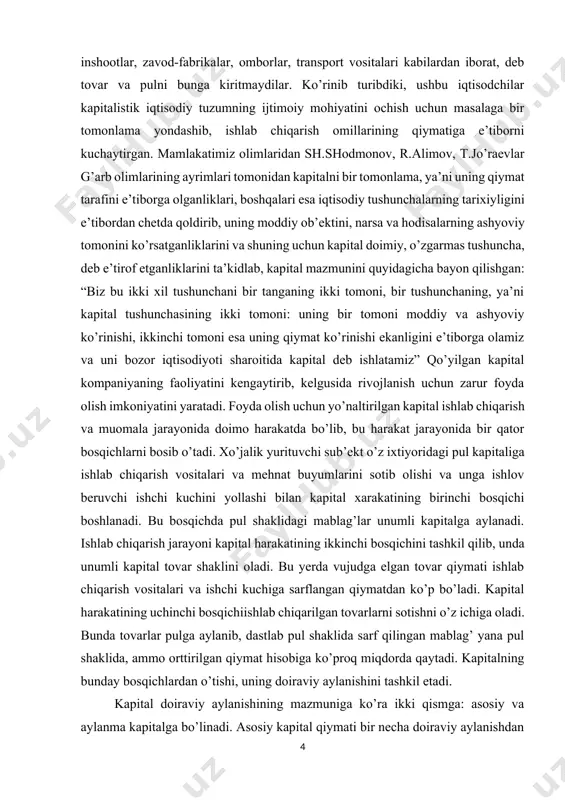 kapital mazmunini quyidagicha bayon qilishgan: “biz bu ikki xil tushunchani bir tanganing ikki tomoni, bir tushunchaning, ya’ni kapital tushunchasining ikki tomoni: uning bir tomoni moddiy va ashyoviy ko’rinishi, ikkinchi tomoni esa uning qiymat ko’rinishi ekanligini e’tiborga olamiz va uni bozor iqtisodiyoti sharoitida kapital deb ishlatamiz” qo’yilgan kapital kompaniyaning faoliyatini kengaytirib, kelgusida rivojlanish uchun zarur foyda olish imkoniyatini yaratadi. foyda olish uchun yo’naltirilgan kapital ishlab chiqarish va muomala jarayonida doimo harakatda bo’lib, bu harakat jarayonida bir qator bosqichlarni bosib o’tadi. xo’jalik yurituvchi sub’ekt o’z ixtiyoridagi pul kapitaliga ishlab chiqarish vositalari va mehnat buyumlarini sotib olishi va unga ishlov beruvchi ishchi kuchini yollashi bilan kapital xarakatining birinchi bosqichi boshlanadi. bu bosqichda pul shaklidagi mablag’lar unumli kapitalga aylanadi. ishlab chiqarish jarayoni kapital harakatining ikkinchi bosqichini tashkil qilib, unda unumli kapital tovar shaklini oladi. bu yerda vujudga elgan tovar qiymati ishlab chiqarish vositalari va ishchi kuchiga sarflangan qiymatdan ko’p bo’ladi. kapital harakatining uchinchi bosqichiishlab …