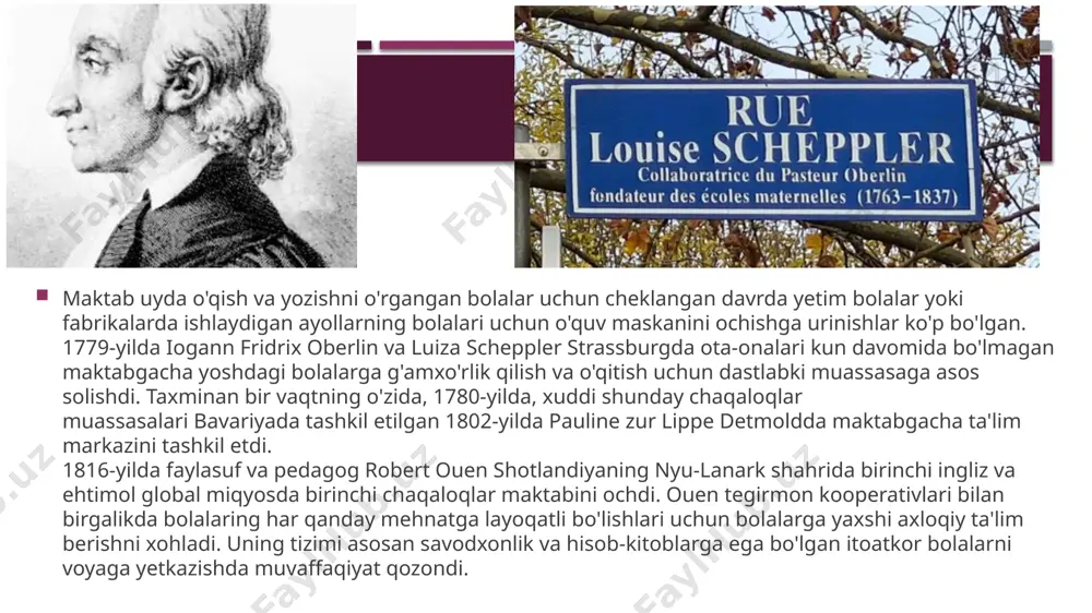 tashkil etish orqali bolalar bog'chasi o'qituvchilari uchun ta'lim standardlarini oshirish ustida ishlagan. head start aqshda davlat tomonidan moliyalashtiriladigan birinchi maktabgacha ta'lim dasturi bo'lib, 1965-yilda prezident jonson tomonidan kam ta'minlangan oilalar uchun yaratilgan - o'sha paytda bolalarning atigi 10 foizi maktabgacha ta'lim muassasalariga qamrab olingan. katta talab tufayli turli davlatlar 1980-yillarda kam ta'minlangan oilalar uchun maktabgacha ta'lim muassasalarini subsidiya qilgan. xix asrning ikkinchi yarmi-xx asrda shveysarya, angliya va boshqa yevropa mamlakatlarida nemis pedagogi fridrix frebelning maktabgacha tarbiya nazariyasi keng ommalashdi. pedagogika tarixida frebelning ahamiyati shu bilan belgilanadiki, u maktabgacha tarbiya nazariyotchisi bo‘lgani holda maktabgacha pedagogikani mustaqil fan tarmog’iga ajratilishiga ko‘maklashdi. ayni paytda u ilk bor «bolalar bog’chasi» tushunchasini muomalaga kiritdi. fridrix frebelning pedagogik tizimi bolalar bog’chasining paydo bo‘lishi tarixi 1837-yilga borib taqaladi, bolalar bog’chasining asoschisi deb taniqli nemis pedagogi - fridrix frebel hisoblanadi. aynan u germaniyaning bad- blankenburg shahrida bolalar uchun tashkil qilingan muassasasini “bolalar bog’ chasi” deb atadi va ushbu …