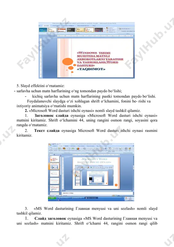 siga таблица muloqot oynasi rasmini kiri- tamiz. 6. “microsoft word matn prosessorida rasm va sxemalar chizish”. nomli slayd tashkil qilamiz. 1. слайд заголовок oynasiga «microsoft word matn prosessorida rasm va sxemalar chizish» matnini kiritamiz. shrift o‘lchamini 44 deb olamiz. 2. microsoft word da rasm va sxemalar chizish uchun вставка menyusidan teкст, иллюстрации bo‘limlaridan foydalaniladi. ил-люстрации bo‘limining фигуры tugmasi yordamida turli ko‘rinish- dagi chiziqlar, strelkalar, blok – sxemalar chizish uchun esa kerakli figu- ralarni hosil qilish mumkin. «фигуры» buyrug‘ining rasmi kiritiladi. 2. ko‘rgazmali taqdimot materiallariga maxsus animatsion effektlar berish powerpoint taqdimotlar dasturi o‘zida matnlar, rasmlar, sxemalar, grafiklar, animatsiya effektlari, tovush, videokliplardan iborat bo‘lgan slaydlar hosil qilish imkonini beradi. slaydlar ketma-ketligidan hosil bo‘lgan taqdimotlarni kompyuter ekranida, videomonitorlar va katta ekranlarda namoyish qilish mumkin. taqdimot tuzish bu - qo‘yilgan maqsaddan kelib chiqib, slaydlar ketma-ketligini yaratish va bezagini berishdir. ⯌анимация bu - matn yoki obyektga qo‘yiladigan maxsus vizual yoki tovushli effektlardir. animatsion effektlarni qo‘llash …