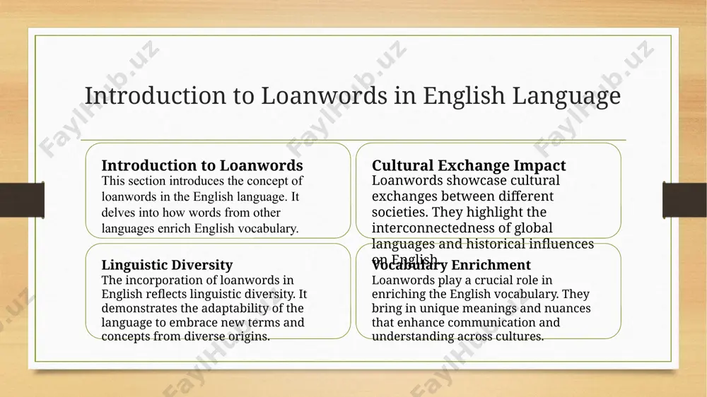 of loanwords reflects the dynamic nature of language, adapting to societal changes and technological advancements. it showcases the evolution of english through diverse influences. cultural fusion: exploring loanwords in english. cultural fusion cultural fusion refers to the blending of diverse cultural influences in language, resulting in a rich tapestry of expressions and meanings. linguistic diversity the english language's loanwords showcase its openness to embracing diverse linguistic traditions, reflecting a history of cultural exchange and integration. historical significance each loanword in english carries a story of historical connections and global interactions, highlighting the interconnectedness of different civilizations over time. vocabulary enrichment by incorporating loanwords, english expands its vocabulary, allowing for nuanced expressions and a deeper understanding of various cultural concepts. linguistic tapestry: global influence on english. the english language's rich tapestry reflects global influences through loanwords. these linguistic borrowings enhance vocabulary, showcasing cultural exchanges and historical ties. embracing this diversity enriches …