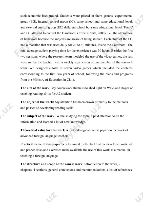 ation and learned a lot of new knowledge. theoretical value for this work is methodological course paper on the work of advanced foreign language teachers. practical value of this paper is determined by the fact that the developed material and proper tasks and exercises make available the use of this work as a manual in teaching a foreign language. the structure and scope of the course work: introduction to the work, 2 chapters, 4 sections, general conclusions and recommendations, a list of references chapter i. teaching reading and basic features for a2 level students 1.1. teaching reading for a2 level students the dichotomy between elementary education and secondary education has gradually become less marked, not only in curricula but also in organization. the proliferation of middle schools, junior schools, junior high schools, and other divisions has produced systems with more than two stages. because of their wide influence throughout the …