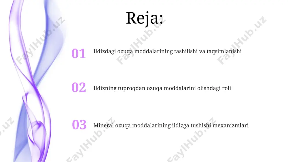 kengayadi. ildizning mineral ozuqalarni o'zlashtirishdagi samaradorligini oshirish yo'llari tuproqning havo o'tkazuvchanligini yaxshilash va suvning turg'unlashuvini oldini olish orqali ildizning kislorod bilan ta'minlanishini 10-15% ga yaxshilash va shu bilan mineral ozuqalarni singdirish samaradorligini oshirish mumkin. mineral o'g'itlarni optimal miqdorda, ya'ni o'simlikning fiziologik ehtiyojlariga mos ravishda qo'llash orqali ildizning samaradorligini 15-25% ga oshirishga erishish mumkin. ildizdagi ionlarning transport yo'llari ildiz qobiq hujayralarida ionlarning radial transportining tezligi, floem yuklanishi bilan bog'liq bo'lib, kambium faolligi va 5-10% suv o'tkazuvchanligiga ta'sir qiladi. ildiz tuklarida ionlarning simplast va apoplast yo'llari orqali harakatlanishi, hujayra membranalaridan o'tishda 20 dan ortiq oqsil tashuvchilarining ishtirok etishini ko'rsatadi. passiv va aktiv transport mexanizmlari aktiv transport esa, atp energiyasidan foydalanib, mineral ionlarini konsentratsiyaviy gradientga qarshi, ya'ni past konsentratsiyadan yuqori konsentratsiyaga o'tkazishni ta'minlaydi, bu jarayon uchun 30-50 % energiya sarflanadi. simport va antiport kabi ikkilamchi aktiv transport mexanizmlari ham mavjud bo'lib, ular bir vaqtning o'zida ikkita turli moddaning membranadan o'tishini ta'minlaydi, bu jarayon …