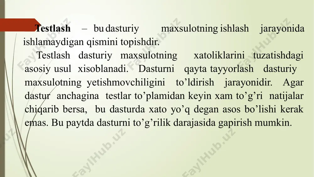 bog’liq. bu tekshirish jarayonlari talablar mavjud hollarda va ular ishlab chiqarish jarayonlarining barcha bosqichlarini davom ettirish vaqtida boshlanadi. verifikatsiyaning maqsadi dasturiy ta’minot unga qo’yilgan funksional va nofunksional talablarga javob berishini tekshirishdir. verifikatsiya umumiy jarayon hisoblanadi. validatsiyaning maqsadi dasturiy ta’minot buyurtmachi kutayotgan natijalarga mosligini ta’minlashdir. validatsiya muhim rol o’ynaydi, sababi, ma’lumotlarni tasniflash talablari har doim ham mijozlar va foydalanuvchilar talablari va istaklarini amalga oshiravermaydi. varifikatsiya va validatsiya jarayonining yakuniy maqsadi esa dasturiy ta’minot tizimi “maqsadga mos kelishi” ga ishonchni o’rnatishdir. yetarli darajadagi ishonch bosqichi, tizimning maqsadi,tizim foydalanuvchilarning talablaridan, shuningdek, tizim uchun joriy marketing muhitidan kelib chiqadi: 1.dasturiy ta’minot. dasturiy ta’minotning eng kritik, eng muhimligi bu uning ishonchliligidir. masalan, tizimlarni ehtiyot qilishni boshqarish uchun qo’llaniladigan dasturiy ta’minot uchun kerak bo’lgan ishonch darajasi, mahsulotni yangi g’oyalarini namoyon etish uchun ishlab chiqilgan prototip uchun bo’ladigan talabdan ancha yuqoridir. 2.foydalanuvchi kutayotgan natijalar. ularning tajribalari ishonarsiz dasturiy ta’minot bilan bo’g’langanligi tufayli, ko’plab foydalanuvchilar sifatli dasturiy ta’minotni …