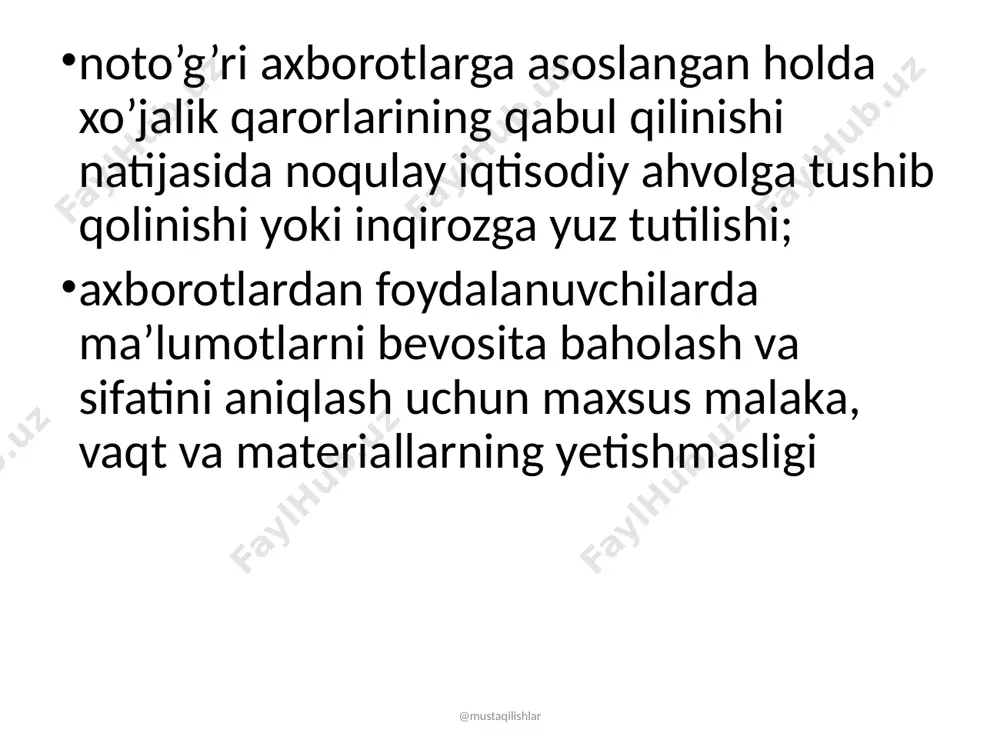 v) audit dasturini tayyorlash va tuzish. @mustaqilishlar audit tekshirishlari bank tomonidan amalga oshrilayotgan operatsiyalarning amaldagi qonunchilikka mosligini; tijorat banki tomonidan amalga oshirilayotgan operatsiyalarning buxgalteriya hisobi va hisobotlarida to’g’ri yuritilishi; markaziy bank tomonidan o’rnatilgan iqtisodiy me’yorlarning bajarilishi; bank tomonidan taqdim etilayotgan hisobotlarning jahon standartlarigamos kelishi @mustaqilishlar sir saqlash auditor ish davomida o’ziga ma’lum bo’lgan maxfiy axborot sir saqlanishini ta’minlanishi va alohida ruxsatsiz uchinchi shaxslarga oshkor etmasligi shart. auditorga maxfiy axborotni sir saqlay olmaganligi uchun shartnoma shartlariga asosan ma’suliyat yuklanadi. @mustaqilishlar auditorlik xulosalari izohsiz ijobiy xulosa izohli ijobiy xulosa yomon xulosa xulosa berishdan bosh tortish @mustaqilishlar rahbariyatga xat bu bosqichda auditorlik tekshiruvlari tugaganligi ma’lum bo’ladi va tekshirishlar davomida aniqlangan xato va kamchiliklar va ularni bartaraf etish bo’yicha maslahatlar beriladi @mustaqilishlar bozor iqtisodiyoti sharoitida tijorat banklarida ichki audit @mustaqilishlar aksiyadorlar umumiy yig’ilishi bank kengashi bank boshqaruvi audit qo’mitasi ichki auditni tashkil etish o’zbekistonda tijorat banklarida ichki auditga qo’yiladigan talablar markaziy bankning 2000 yil …