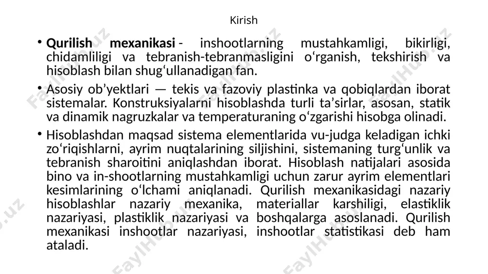 h yoʻnalishi boʻyicha siljishlar ortiqcha nomaʼlum deb qabul qilinadi. aralash usulda kuch va siljish usullaridan bir-galikda foydalaniladi; bunda asosiy sistema baʼzi bogʻlanishlarni qoʻshish, baʼzilarini olib tashlash yoʻli bilan hosil qilinadi. shuning uchun kuch va siljishlar ortiqcha nomaʼlum boʻladi. qurilish mexanikasining inshootlarni hisoblash usullari nazariy mexanika va materiallar qarshiligi fanlarining taraqqiy etishi bilan rivojlana bordi. 19-asrgacha qurilish mexanikasida grafik usul bilan hisoblash usuli qoʻllanildi va bu usul "grafosta-tistika" deb ataldi. 20-asrga kelib grafik usul oʻrnini analitik usul egalladi. 18—19-asrlarda l. eyler, ya.ber-nulli, j. lagranj va s. puasson ishlari asosida kelib chiqqan analitik usullar 19-asr 2-yarmidan temir yoʻl koʻpriklari, yirik sanoat inshootlari qurilishi natijasida jadal rivojlandi. yuqorida aytib oʻtilgan fanlarning rivojlanishi tufayli qurilish mexanikasi usullari ham takomillashib bordi. oʻzbeknston meʼmorligi qadimiyligi, turli-tuman meʼmoriy yodgorliklari bilan mashhur (qarang meʼmorlik). qad. milliy bino va inshootlar juda murakkabligi, geometrik shakllarning koʻpligi, zilzilabardosh qilib qurilganligi bilan ajralib turadi. ularni qurishda meʼmorlar qurilish mexanikasi usullaridan foydalanishgan ba’zi …