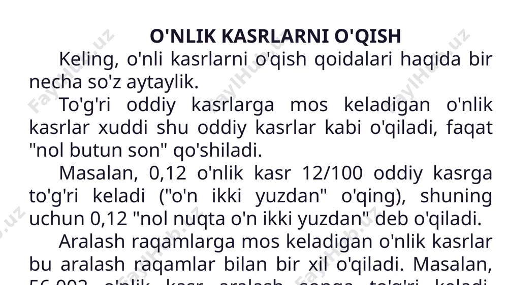 oʻnli kasrlarga misollar: 0.143940932…, 3.1415935432…, 153.02003004005…, 2.11111111…, 69.74152152152…. davriy kasrlar va davriy bo'lmagan kasrlar agar siz oxirgi ikkita cheksiz o'nli kasrga diqqat bilan qarasangiz, u holda 2.111111111 kasrda ... cheksiz takrorlanadigan 1 raqami aniq ko'rinadi va 69,74152152152... kasrda uchinchi kasrdan boshlab, takrorlanuvchi raqamlar guruhi. 1, 5 va 2 aniq ko'rinadi. bunday cheksiz o'nli kasrlar davriy deyiladi. ta'rif. davriy o'nli kasrlar (yoki oddiygina davriy kasrlar) cheksiz o'nli kasrlar bo'lib, ularni yozishda ma'lum o'nlik kasrdan boshlab, qandaydir son yoki raqamlar guruhi cheksiz takrorlanadi. kasr davri. masalan, 2.111111111... davriy kasrning davri 1 raqami, 69,74152152152... kasr davri esa 152 ko’rinishdagi raqamlar guruhidir. cheksiz davriy o'nli kasrlar uchun yozuvning maxsus shakli qabul qilinadi. qisqartirish uchun biz davrni bir marta qavs ichiga olib yozishga kelishib oldik. masalan, 2,111111111... davriy kasr 2,(1) , 69,74152152152... davriy kasr 69,74(152) shaklida yoziladi. shuni ta'kidlash kerakki, bir xil davriy kasr uchun siz turli davrlarni belgilashingiz mumkin. masalan, davriy o'nli kasr 0,73333... …
