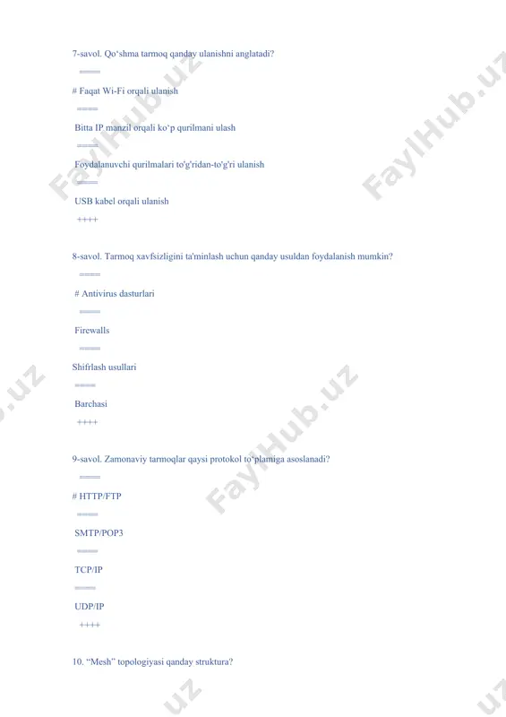 == tarmoqda manzillarni o'zgartiradi ==== xavfsizlikni oshiradi ==== faqat lokal tarmoqlarda ishlatiladi va xavfsizlikni oshiradi ++++ 20-savol. firewall qanday qurilma? ==== #zararli trafikka to'siq qo‘yadigan qurilma ==== ma'lumotlarni siqadigan qurilma ==== ip manzillarni saqlaydi ==== foydalanuvchilarni boshqaradi +++++ 21-savol. qo‘shma tarmoqlarni kengaytirishda “subnetting” qanday ahamiyatga ega? ==== #tarmoqlarni kichik segmentlarga bo‘ladi ==== xavfsizlikni ta'minlaydi ==== tarmoqdagi qurilmalarni uzatadi ==== tarmoq yukini oshiradi va xavfsizlikni ta'minlaydi +++++ 22-savol. tarmoq protokoli === #ma'lumotlarni uzatish qoidalari to‘plami ==== kompyuter dasturi ==== shaxsiy kompyuter uskunasi ==== internet tezligini oshiruvchi qurilma ++++ 23-savol. internet protokollari va standartlarini kim boshqaradi? ==== #ietf (internet engineering task force) ==== microsoft ==== google ==== intel +++++ 24-savol. tcp/ip qanday standart hisoblanadi? ==== #internet va lokal tarmoqlar uchun asosiy protokol to‘plami ==== faqat lokal tarmoqlar uchun ==== tarmoq qurilmalari uchun dastur ==== tarmoq xavfsizligi uchun tizim yoki tarmoq qurilmalari uchun dastur +++++ 25-savol. ieee qanday tashkilot hisoblanadi? ==== # elektr …