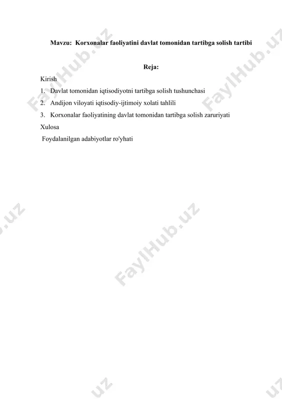 ojlanishi uchun zarur bo‘lgan moddiy va ma’naviy ne’matlarni yaratishga qaratilgan maqsadga muvofiq faoliyatdir. moddiy va ma’naviy ne’matlar yaratish, turli xizmatlar ko‘rsatish jarayoni kishilar iqtisodiy faoliyatining asosiy tomonidir. davlat tamonidan iqtisodni tartibga solish maqsadida, oshkoralik, tenglik va ijtimoiy adolat va qonuniylik ustuvor bo`lgan holda amalga oshiriladi. iqtisodiyotni davlat tomonidan tartibga solish - jamiyat a’zolarining ehtiyojlarini qondirish darajasini oshirish uchun cheklangan ishlab chiqarish resurslaridan yanada samarali foydalanishni ta’minlovchi, umumiy iqtisodiy muvozanatga erishishga yo’naltirilgan, ijtimoiy takror ishlab chiqarish jarayonini tashkil etish bo’yicha davlatning faoliyati. kurs ishining maqsadi: davlat tomonidan iqtisodiyotni tartibga solishni o`rganish va taxlil etish va bu orqali andijon viloyati iqtisodiy-ijtimoiy xolati tahlil etish. korxonalar va tadbirkorlar faoliyatining davlat tomonidan tartibga solish zaruriyati qonuniyatlarini o`rganish. kurs ishining vazifasi: 1. davlat tomonidan iqtisodiyotni tartibga solish tushunchasi 2. andijon viloyati iqtisodiy-ijtimoiy xolati tahlili 3. korxonalar faoliyatining davlat tomonidan tartibga solish zaruriyati 1. davlat tomonidan iqtisodiyotni tartibga solish tushunchasi iqtisodiyotni davlat tomonidan tartibga solish - …