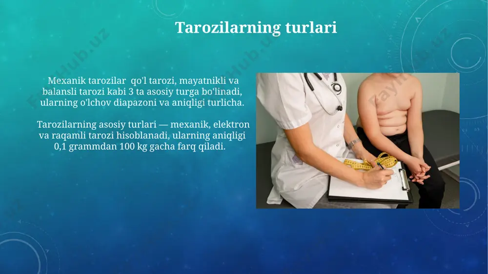 shtirish samaradorligini oshiradi. simulyatsiya va virtual laboratoriyalar orqali 5-10 ta tajriba natijalarini bir vaqtning o'zida ko'rsatish mumkin, bu esa vaqtni tejaydi va tushunchalarni yaxshiroq o'zlashtirishga yordam beradi. massani aniqlashdagi xatolar massa o'lchashdagi xatoliklarning asosiy manbalari tarozi kalibrlanmaganligi (1-5%), tarozi ustunining noto'g'ri joylashuvi va atrof muhitning ta'siri (harorat, namlik) hisoblanadi. massani aniqlashda sistematik xatoliklar (masalan, tarozi nolining siljishi) tasodifiy xatoliklarga (o'lchashdagi kichik xatoliklar) qaraganda ko'proq ta'sir ko'rsatishi mumkin, bu esa o'lchash natijalariga sezilarli darajada ta'sir qiladi. og'irlik va massaning farqi og'irlik yerning tortish kuchi ta'sirida paydo bo'ladigan kuch bo'lib, nyufton (n) bilan o'lchanadi, massa esa moddaning miqdorini ifodalaydi va kilogram (kg) bilan o'lchanadi. oyda insonning massasi yerda bo'lgan massasiga teng bo'ladi, lekin og'irligi 6 marta kamroq bo'ladi, chunki oyning tortish kuchi yernikidan 6 marta zaifroqdir. massaning o'lchov birliklari og'irlikni o'lchashning asosiy birligi – kilogram (kg) bo'lib, 1 kg xalqaro prototip kilogramga teng keladi va bu prototip xalqaro og'irlik va o'lchovlar byurosi …