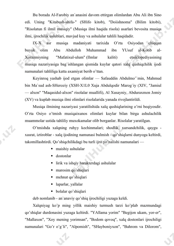 she`riy matn asarning mazmunini tashkil qiladi. she`riyatga e`tibor beradigan bo’lsak, she`r va musiqa azaldan bir-biriga yaqin, yo’ldosh, egizak san`at turlari hisoblanadi. ikki jihatning birlashuvi bo’lgan qo’shiqqa ta`rif beradigan bo’lsak, mustaqil to’rtliklardan tashkil topgan, tutal fikrni ba`diiy ifodalovchi, el orasida keng tarqalgan va kuylangan xalq she`ri namunalariga qo’shiq dey>1ladi. qo’shiq termini keng ma`noda bo’lib, xalq she`riyati, lirik qo’shiqlar, xalq lirikasi, ashula degan umumiy nomlar ostida yuritilib kelinadi. shu bilan birga ularning konkret namunalarining nomlari ham bor. masalan "yor-yor","ulan", "lapar", "lirik terma", "alla", "bayt-g`azal", "kelin salom", "hush kelibsiz", "yig`i-yo’qlov" kabilar. xalq qo’shiqlari uchun musiqiylik, ravonlik, kuylashga (ko’pchilik yoki yakka) moslik xosdir. ma`lumki uzoq o’tmishda sinkretik san`atning namunasi bo’lgan qo’shiqlar uni yaratuvchilar va ijro etuvchilarning mehnat faoliyati ovchilik, chorvachilik, dehqonchilik, xunarmandchilik ishlari, xalq amaliy san`ati - kulolchilik, o’ymakorlik va boshqa san`atlar bilan bevosita aloqada bo’lib ayni chog`da mehnatkash ommaning qadimiy urf odatlari, xilma-xil marosimlari va e`tiqodlari nazdida yashab keldi. xalq ruxini chuqur va …