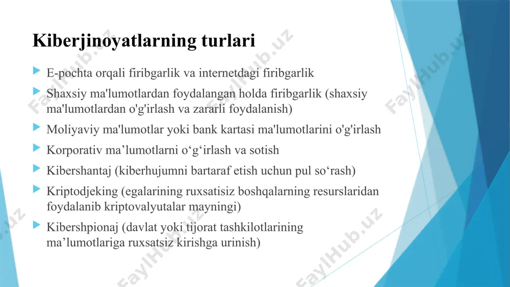iy zakladkalar orqali ma'lumotlarni o'g'irlash; maxfiy ma'lumotlarning jamoat mulkiga tarqalishi; qo'lga olingan ommaviy axborot vositalari orqali dezinformatsiyani tarqatish; aloqa kanallari ishida buzilish; va boshqa shu kabilar. kiberterrorchilar ko‘zlangan maqsadlarga erishish uchun kompaniya va tashkilotlarning kompyuter tizimlarini buzish uchun qo‘llaniladigan maxsus dasturlardan foydalanadilar, kompaniya va tashkilotlarning masofaviy serverlariga hujumlar uyushtiradilar. qo’yilgan maqsadga erishish uchun turli usullar qo’llanilishi mumkin: maxfiy ma'lumotlar, bank hisoblari va to'lov tizimlari rekvizitlari, shaxsiy ma'lumotlar bilan davlat va harbiy arxivlarga noqonuniy kirish; infratuzilma ob'ektlarini alohida komponentlarning ishdan chiqishini va hayotni ta'minlash tizimlarining ishlashiga ta'sir qilgan holda ularning ishini to'liq to’xtashini nazorat qilish; har xil turdagi zararli dasturlarni joriy qilish orqali axborot, dasturiy ta'minot yoki texnik resurslarni o'g'irlash yoki yo'q qilish; iqtisodiy yoki ijtimoiy-siyosiy vaziyatni beqarorlashtirishga olib kelishi mumkin bo'lgan hujumlarni amalga oshirish uchun yolg'on tahdidlar. kibertorririzm ob’yektlari davlatlar, xalqaro tashkilotlar, yirik korporatsiyalar va nisbatan kichik kompaniyalar, siyosatchilar va boshqa taniqli shaxslar, shuningdek, tasodifiy tanlangan odamlar onlayn terrorchilar tomonidan …