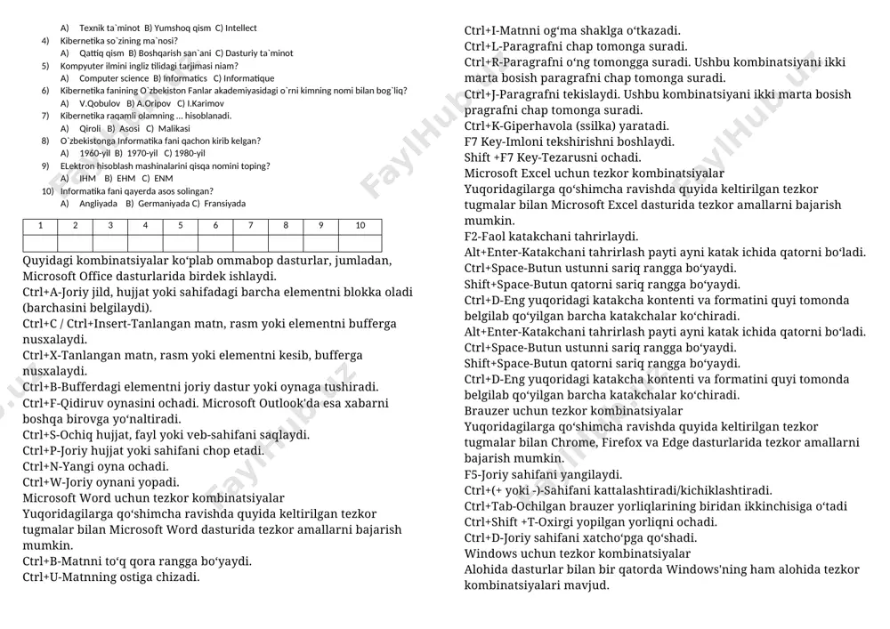 qoridagi katakcha kontenti va formatini quyi tomonda belgilab qo‘yilgan barcha katakchalar ko‘chiradi. brauzer uchun tezkor kombinatsiyalar yuqoridagilarga qo‘shimcha ravishda quyida keltirilgan tezkor tugmalar bilan chrome, firefox va edge dasturlarida tezkor amallarni bajarish mumkin. f5-joriy sahifani yangilaydi. ctrl+(+ yoki -)-sahifani kattalashtiradi/kichiklashtiradi. ctrl+tab-ochilgan brauzer yorliqlarining biridan ikkinchisiga o‘tadi ctrl+shift +t-oxirgi yopilgan yorliqni ochadi. ctrl+d-joriy sahifani xatcho‘pga qo‘shadi. windows uchun tezkor kombinatsiyalar alohida dasturlar bilan bir qatorda windows'ning ham alohida tezkor kombinatsiyalari mavjud. win + b – sichqoncha kursorini treyga o’tkazish win + d – ish stoliga (рабочий стол) o’tish win + е – mening kompyterim (мой компьютер) oynasini ochish win + f – qidiruv oynasini ochish win + l – kompyuterni bloklash win + m – barcha oynalarni masalalar paneliga tushirish win + p – proektor bilan ishlash oynasini ochish win + r – “bajarish” (выполнить) oynasini chaqirish win + u – “maxsus imkoniyatlar” oynasini ochish win + tab - flip 3d …