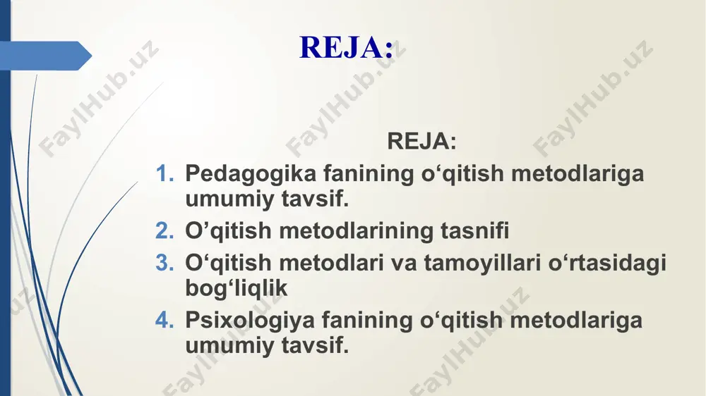 testlar, virtual laboratoriyalar). metodlarni qo‘llashda ular bilan bog‘liq shakllar ham muhimdir. ular quyidagilarga bo‘linadi: frontal shakl: barcha o‘quvchilar bilan bir xil ish olib borish. guruhiy shakl: bir guruh o‘quvchilar bilan alohida ishlash. individual shakl: har bir o‘quvchiga alohida yondashuv. o‘qituvchi metodni tanlashda quyidagi omillarni hisobga olishi lozim: ta’lim maqsadi: bilim berish, rivojlantirish yoki tarbiyaviy maqsadga yo‘naltirilganlik. o‘quvchilarning yosh va intellektual xususiyatlari. dars mazmuni: nazariy yoki amaliy yo‘nalishga bog‘liq. resurslar: ko‘rgazmali materiallar, texnologik vositalar mavjudligi. metodning samaradorligi o‘qituvchi va o‘quvchi o‘rtasidagi muloqot sifatiga, pedagogik vositalarning to‘g‘ri tanlanishi va didaktik tamoyillarni hisobga olishga bog‘liq. shuningdek, o‘qituvchi metodlarni muvaffaqiyatli qo‘llash uchun o‘z mahoratini doimiy ravishda rivojlantirishi zarur. o‘qitish metodlari o‘quv jarayonining asosiy mexanizmi hisoblanadi. to‘g‘ri tanlangan va moslashtirilgan metodlar nafaqat ta’lim sifatini oshiradi, balki o‘quvchilarda ijodkorlik, mustaqil fikrlash va muammolarni hal qilish ko‘nikmalarini rivojlantirishga yordam beradi. o‘qitish metodlari va tamoyillari o‘rtasidagi bog‘liqlik o‘qitish metodlari didaktikaning tamoyillariga asoslanadi. bular quyidagilardan iborat: ilmiylik: metodlar ilmiy …