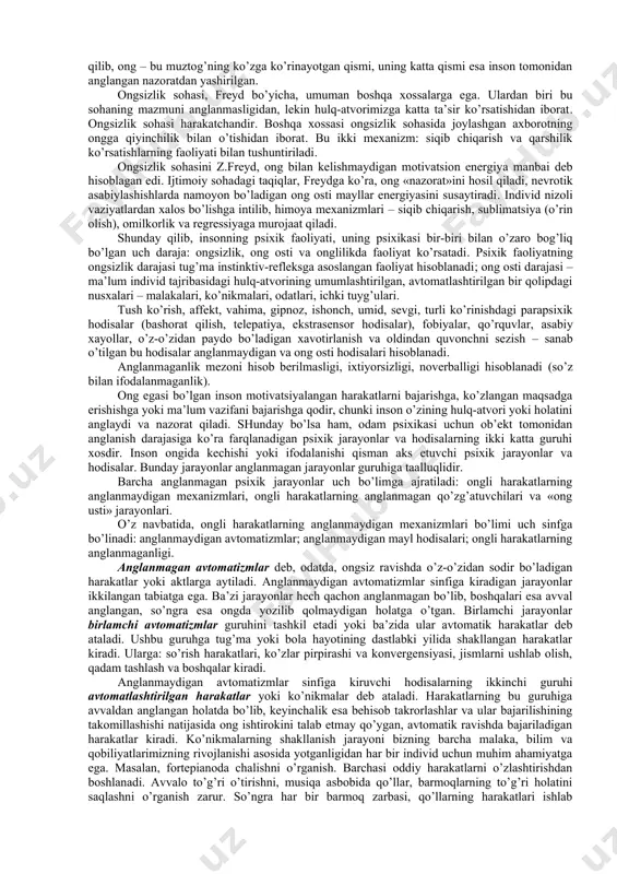 amlarning hamkorlikdagi samarali nutq vositasidagi qurolli faoliyati hisoblanadi. bu faoliyat odamlarning muloqoti va o’zaro ta’siri, ishning taqsimlanishini talab etadi. u hamkorlikdagi faoliyat ishtirokchilari tomonidan hamkorlik maqsadi sifatida anglanadigan mahsulot yaratishni taqozo etadi. individual ong insoniyat tarixi boshlanishida jamoaviy faoliyat jarayonida uni tashkil etishning zarur sharoiti sifatida yuzaga keldi: axir odamlarga u yoki bu faoliyat bilan shug’ullanishlari uchun ularning har biri hamkorlikdagi faoliyat maqsadini aniq tasavvur qilishlari lozim. bu maqsad aniqlanib, so’z bilan ifodalanishi kerak. avval jamoa ongi, undan so’ng individual ong paydo bo’ladi, bunday ketma-ketlikdagi rivojlanish faqat ong filogenezi uchun emas, balki ong ontogenezi uchun ham xarakterlidir. bolaning individual ongi jamoa ongi asosida va uning mavjudligi sharoitida uni o’zlashtirish yo’li orqali shakllanadi (interiorizatsiya, ijtimoiylashuv). inson ongining rivojlanishida inson faoliyatining ijodiy xarakteri muhim ahamiyatga ega. ong inson tomonidan tashqi olamnigina emas, balki, o’zi, hissiyotlari, obrazlari, tasavvur va sezgilari anglanishini taqozo etadi. odamlar obrazlari, fikrlari, tasavvurlari va sezgilari ularning ijodiy mehnatlari mahsulida …
