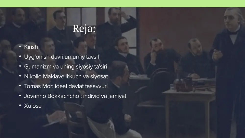 kollo makiavellining "hukmdor" asarida bu yondashuv siyosiy pragmatizm orqali ifodalangan tavsif: gumanizm davlat boshqaruvini inson ehtiyojlariga moslashtirishga qaratilgan ideal jamiyat g‘oyalarini ilgari surdi. siyosiy ta’sir: tomas morning "utopiya" asari davlatni adolat va tenglik asosida boshqarish zarurligini targ'ib qildi, bu esa keyinchalik ijtimoiy adolat konsepsiyalariga asos bo'ldi sekulyar boshqaruvga o’tish jovanno bokkachcho tomas mor nikollo makiavelli g’arb uyg’onish davri mutafakkirlari nikollo makiavelli nikollo makiavelli (1469–1527) — italiya olimi, siyosatchi va yozuvchi, asosan “hukmdor" (il principe) asari bilan mashhur. u o‘z asarlarida siyosat va kuchni boshqarishning realistik va amaliy usullarini tavsiflagan. makiavellining siyosat va kuchga oid fikrlari asosan kuch va hokimiyatni saqlab qolishning amaliy yo‘llariga qaratilgan.makiavelli siyosatni idealistik yoki axloqiy nuqtai nazardan emas, balki amaliy va realistik nuqtai nazardan ko‘rdi. u siyosatchilardan kuchni saqlash va siyosiy maqsadlarni amalga oshirishda har qanday vositalarni qo‘llashni taklif qildi, hatto bu vositalar axloqan qoralangan bo‘lsa ham.makiavelli siyosiy kuchni boshqarishda amaliy va realistik usullarni taqdim etdi va …