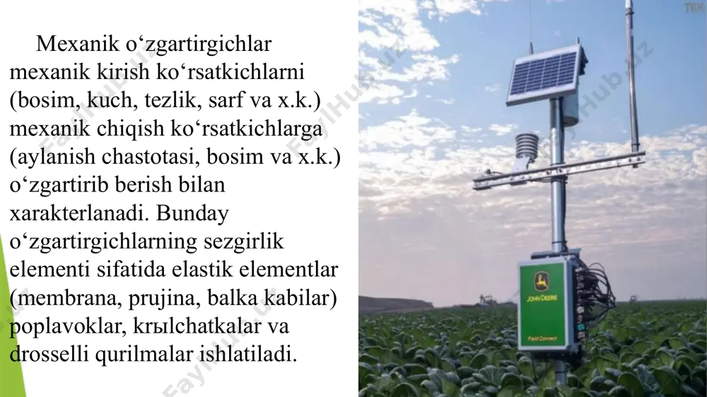 lik, induktivlik va kabilar) uzgartirib berish uchun xizmat kiladi. elektromexanik uzgartirgichlar parametrik va generator uzgartirgichlarga (yeki datchiklarga) bo‘linadi. parametrik datchiklarda chikish kursatkichini elektr zanjir kattaliklari (karshilik, induktivlik, uzaro induktivlik, elektr sigimi va kabilar) tashkil topadi. bunday turdagi datchiklarda elektr toki va kuchlanishi sifatida chikish signalini olish uchun ularni maxsus elektr sxemalariga (kuprikli, differentsialli) ulash xamda alloxida energiya manbasiga ega bo‘lishi kerak. • generator datchiklarida bevosita sezgir elementda kirish signali x chikish signali u uzgartiriladi. ushbu uzgartirish kirish signali energiyasi xisobiga bo‘ladi va chikish signali eyuk kurinishida xosil bo‘ladi. generator datchiklari juda oddiy bo‘ladi, chunki ular kushimcha energiya manbaisiz ulanadi. aniklik darajasi buyicha datchiklar 0,24; 0,4, 0,6; 1; 1,5; 2,5; 4 aniklik sinflariga muvofik bo‘lishlari lozim. ish printsipi buyicha elektrik datchiklar rezistivli, elektromagnitli, sigimli va taxometrik (generatorli) kurinishlarga ega bo‘ladi rezistiv datchiklar chizik va burchak xarakatlarni kuch va momentlar, tebranish va vibratsiyalar, xarakat va yoruglik kabi noelektrik kattaliklarni nazorat kilish va …