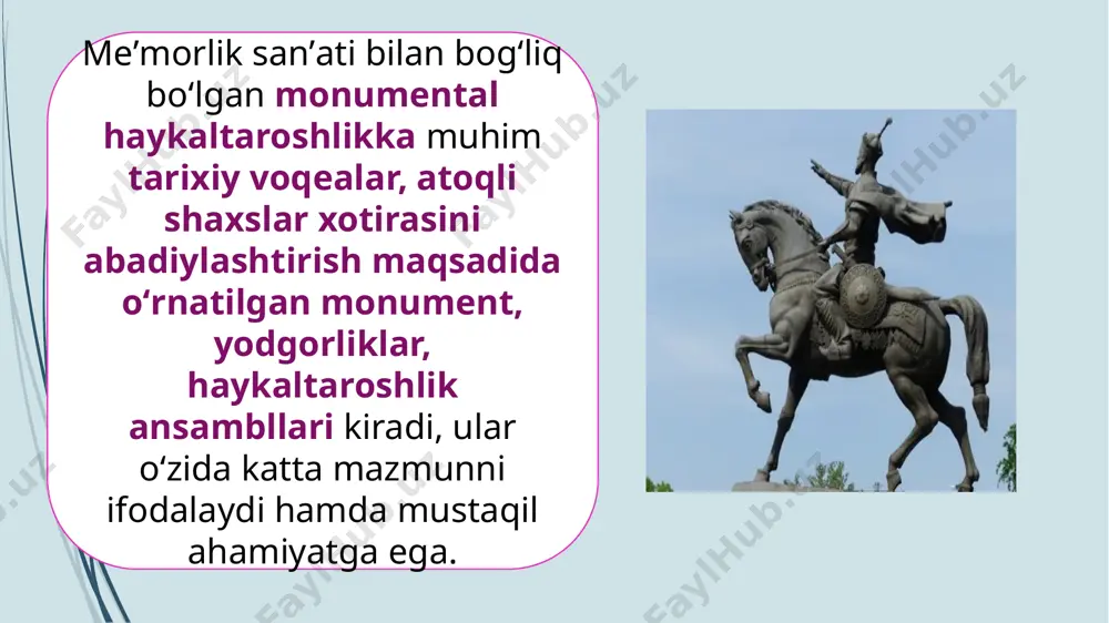 an i.jabborov, j.mirtojiyev va boshqa asarlarida sanʼatlar sinteziga asoslangan asarlari yuzaga keldi. toshkent, samarqand, shahrisabzda qad koʻtargan amir temurning mahobatli haykallarida sohibqiron obrazi gavdalantirildi; sarkarda “jaloliddin manguberdi” (2000), buyuk alloma “alfargʻoniy” (1998, quva shahri), “zahiriddin muhammad bobur” (1993, andijon shahrida), “abdulla qodiriy” (1994, toshkent shahrida), “choʻlpon” (1997, andijon shahrida), “ona” (jizzax shahrida) kabi yirik yodgorlik asarlarida tarixiy shaxslar qiyofasi, “alpomish” ramziy haykalida (1999, termiz shahrida) xalq qahramonining badiiy talqini yaratildi. miniatyura (fransuzcha, miniature; lotincha, minium - qizil boʻyoq) - badiiy usullari oʻta nafis boʻlgan kichik hajmli (moʻʼjaz) tasviriy sanat asarlari bo’lib, oʻrta asr qoʻlyozmalarini ziynatlash uchun yaratilgan nafis moʻʼjaz rasmlar, shuningdek, suyak, pergament, magʻzi soxta (toshqogʻoz), metall, chinni, baʼzan maishiy buyumlar (tamakidon, soat, uzuk va boshqalar)ga ishlangan kichik hajmdagi rangtasvirlardir. badiiy miniatyuraning kitob va portret miniatyurasi kabi sohalari keng tarqalgan. miniatyura qadimdan maʼlum boʻlgan. qadimgi misr papiruslariga xira boʻyoqlar bilan peroda rasmlar tekis yuzali qilib rangtasvir usulida ishlangan. soʻnggi antik …