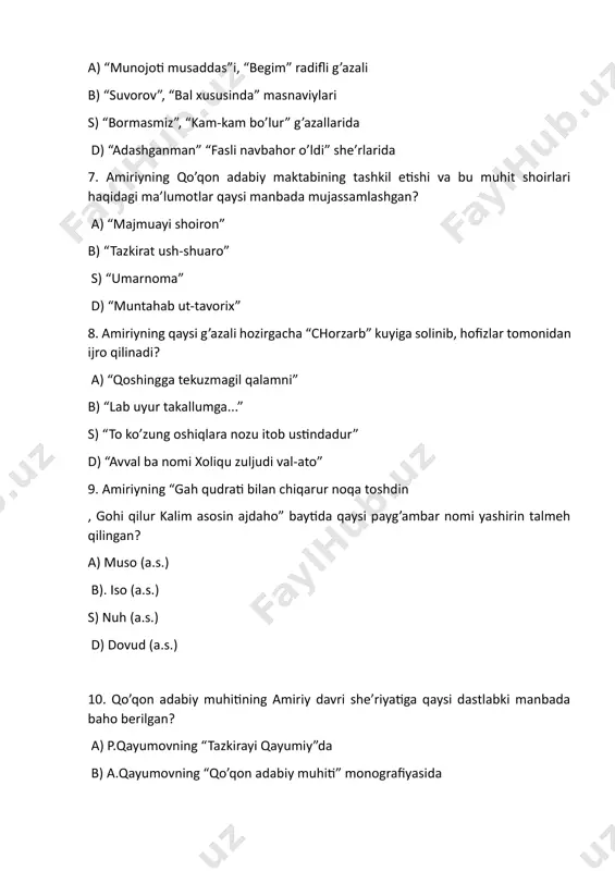 ng “qo’qon adabiy muhiti” monografiyasida s) t.toshboltayeva fazliy namangony va uning “majmuayi shoiron” tazkrasi” tadqiqotida d) v.abdullayev “o’zbek adabiyoti tarixi” darsligida 11. fazliyning sankt-peterburgda saqlanmoqda bo’lgan “umarnoma” asari haqida qaysi tarixchi xabar bergan? a) sh.vohidov b) sh.karimov d) abdulloh xotifiy d) hakimxon to’ra 12. zullisonaynlik an’anasi asosida tuzilgan tazkira nomini toping. a) “majmuayi shoiron” b) “tuhfat ul-ash’or” s) “muzakkiri ahbob” d) “ansob us-salotin” 13. “majmuayi shoiron”da darj va fazllar qaysi she’riy shaklda berilgan? a) masnaviy b) g’azal s) murabba d) muxammas 14. amiriyning a.navoiy g’azaliga muxammasi qaysi manbada berilgan? a) p.qayumov “tazkirayi qayumiy” b) a.qayumov “qo’qon adabiy muhiti” monografiyasida s) t.toshboltayevaning “fazliy namangoniy va uning “majmuayi shoiron” tazkrasi” tadqiqotida d) v.abdullayev “o’zbek adabiyoti tarixi” darsligida 15. gulxaniy haqidagi ishonarli ma’lumotlar qaysi tazkirada berilgan? a) “majmuayi shoiron” b) “muntahab ut-tavorix” s) “tarixi shohruxiy” d) "tuhfat ul-ahbob” 16. gulxaniyning “zarbulmasal” asaridan olingan qaysi masalda erki o’zida bo’lmagan kishining fojiasi ko’rsatilgan? a) “maymun …