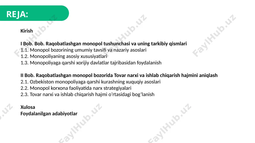 'plab iqtisodchilar tomonidan o'rganilgan strukturalardan biridir. bu bozor turida bir nechta firmalar mavjud bo'lsa-da, har bir firma o'zining mahsuloti bilan bozorga monopolistik ta'sir ko'rsatadi. bunday bozorlar iqtisodiy samaradorlikka qanday ta'sir qilishini tushunish muhimdir, chunki ular narxlarni va ishlab chiqarish hajmini belgilashda muhim rol o'ynaydi. 1.bob raqobatlashgan monopol tushunchasi va uning tarkibiy qismlari 1.1 monopol bozorining umumiy tavsifi va nazariy asoslari monopol bozor — bu bozor strukturasi bo‘lib, unda faqat bitta firma (monopolist) ma’lum bir tovar yoki xizmatni ishlab chiqaradi va sotadi. boshqa raqobatchilar mavjud emas yoki juda kam. monopolistik bozor, odatda, ishlab chiqarish va sotishning yuqori xarajatlari, yoki davlat tomonidan qo‘llab-quvvatlanadigan cheklovlar tufayli yuzaga keladi. narx va miqdor belgilash: monopolist bozor narxini belgilashda erkin bo‘lganligi sababli, u odatda narxni maksimal darajaga chiqaradi, bu esa foydani oshiradi. narx belgilashda monopolist foydaning maksimal darajasini olishni maqsad qiladi, lekin bu ko‘pincha jamiyat uchun samarali emas, chunki u bozorni "ajratib" qo‘yadi va iste’molchilarni zarar …