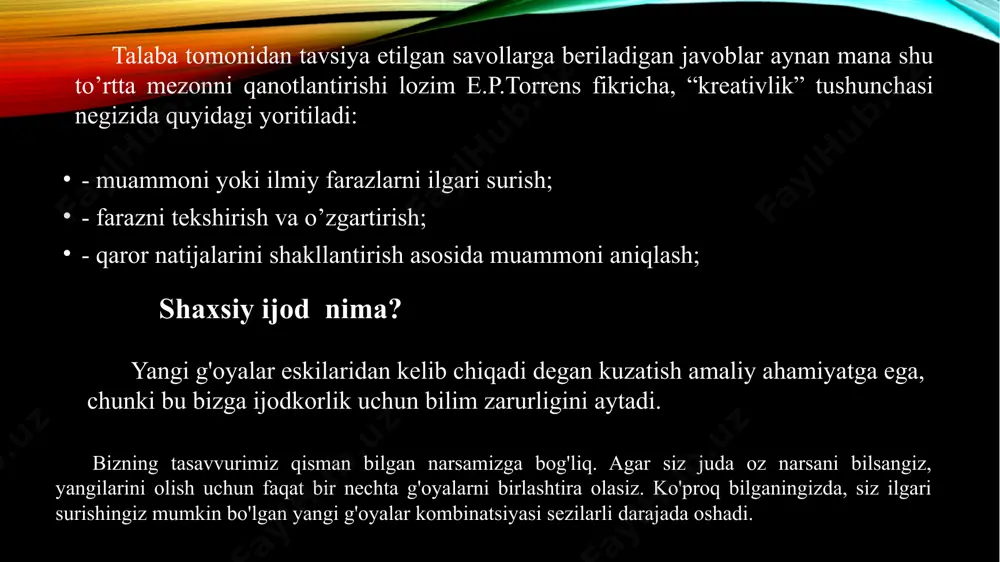 an echimlar borligiga odatlanasiz. hamma narsa butunlay boshqacha bo'lishi kerak edi (axir biz belgilangan me'yorlarga o'rganib qolganmiz), ammo aslida boshqa variantlar ham bor. uni orqaga qarab o'qiyotganingizda ham xuddi shunday o'ylaysiz. miya uchun bunday fikrlash odatiy emas, lekin u tezda uni qabul qiladi va kundalik hayotda baxtli foydalanadi. bo'lmagan narsa bor ammo bu mashq eng sevimli mashg'ulotlardan biridir. ishga, maktabga yoki boshqa joyga borganingizda, o'ylash vaqti keldi. uni foydali sarflashga harakat qiling, ijodiy fikrlashga mashq qiling. ushbu usulning mohiyati shundaki, siz mavjud bo'lmagan narsani o'ylab topishingiz kerak. biron bir hayvon haqida o'ylab ko'ring (masalan, leopandir), keyin uni tasvirlab bering, qanday ko'rinishga ega, qaerda yashaydi, nima qiladi, nima yeydi. bu nima uchun? men ilgari uchratmagan narsalarni ixtiro qilish juda qiyin. bizning miyamiz allaqachon taniqli tasvirlar, nomlar, ob'ektlarning funktsiyalaridan foydalanishga harakat qiladi. ammo siz qayta qurishingiz kerak, unga bularning barchasidan mavhum bo'lishni, qiziqroq va kam ma'lum bo'lgan faktlarga e'tibor qaratishni o'rgating. malyaki …