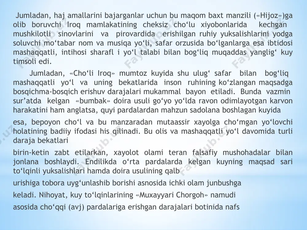akuniy beshinchi qismi olti hissali yengil ufar usulida namoyon bo‘ladi. «nasrullo i–v»kuylarining doira usullari: «nasrullo» kuyini tanbur, dutor va g‘ijjak cholg‘ularida ijro etish an’ana tusini olgan. bu borada sultonxon hakimov, rizqi rajabiy, turg‘un alimatovlarning har biriga xos tanbur ijrolari, abdusoat vahobov, is’hoq rajabov, abdurahim hamidovlarning o‘zgacha dutor chertimlari, g‘ulomjon hojiqulov, qahramon komilov, o‘lmas rasulov, abduhoshim ismoilovlarning betakror g‘ijjak nolalari asosida «nasrullo» navolari o‘zgacha tarovat kasb etdi. shu bilan birga, xalq cholg‘ulari ansambli ijrosi ham alohida e’tiborga molik. bu o‘rinda, ayniqsa, «nasrullo i»ning yunus rajabiy rahbarligidagi «maqomchilar ansambli» talqinida gi ijro yo‘li turli davralarga, shu jumladan, «otalar so‘zi – aqlning ko‘zi» teleko‘rsatuviga («sharob i» kuyi qatorida) o‘zgacha fayz bag‘ishlab keldi. farg‘ona – toshkent maqom kuylarini turli xil xalq cholg‘ularida (nay, g‘ijjak, dutor, tanbur, surnay va boshqalar) ijro etish an’anasi ham mavjud. shu ningdek, bu kuylar turli vaziyatlarda chalinadi. masalan, surnay yo‘llari xalq tomosha va bayramlarida, dorboz lar o‘yini va to‘y bazmlarida, …