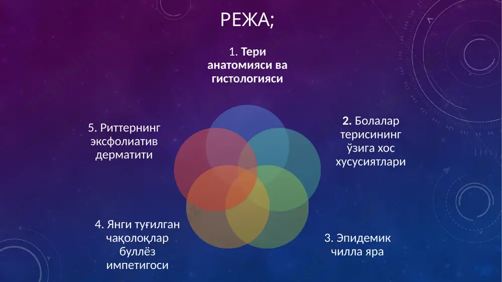 ужайралараро десмосомали боғлиқликларяхши ривожланмаган бўлади, терининг шохсимон қавати фақатгина болалар қўл кафти ва оёқ кафти юзаларидагина тўлиқ шаклланган бўлиб, бошқа соҳаларда эса физиологик паракератоз кўринишида бўлади, бундай ҳолат эса кўпинча қипиқланишга мойилликни юзага келтиради. болаларда эпидермис ва дерма қаватлари ўртасидаги боғлиқлик етарли даражада мустаҳкам бўлмайди, дерманинг сўрғичсимон қисми яхши ривожланмаган бўлади. дерма билан эпидермис ўртасидаги чегара соҳаси тўғри чизиқ шаклида бўлиб, улар соҳасида жойлашган ҳужайралар атрофидаги тўқима суюқлиги пуфаклар ҳосил бўлишига олиб келади. болаларда ёғ безлари катталарга нисбатан кўп бўлиб, яхши фаолият кўрсатади, кейинчалик улар фаоллиги сусяйиб бориб, балоғат ёшига етганда тўхтайди. тер безлари яхши ривожланган бўлади, аммо эккрин тер безларининг чиқарув йўллари тўғри шаклда очилади, уларнинг бундай хусусияти тер безларига турли таъсир этувчи моддаларнинг киришини енгиллаштиради. апокрин тер безлари балоғат ёшига етгунга қадар фаолият кўрсатмайди. дерма қаватининг толалари ва қон томир тўрлари яхши ривожланмаган бўлиб, қисман шаклланмаган ҳужайралар кузтилади. қон томир капиллярлари ингичка ва ёрилувчан бўлади. тери ости ёғ …