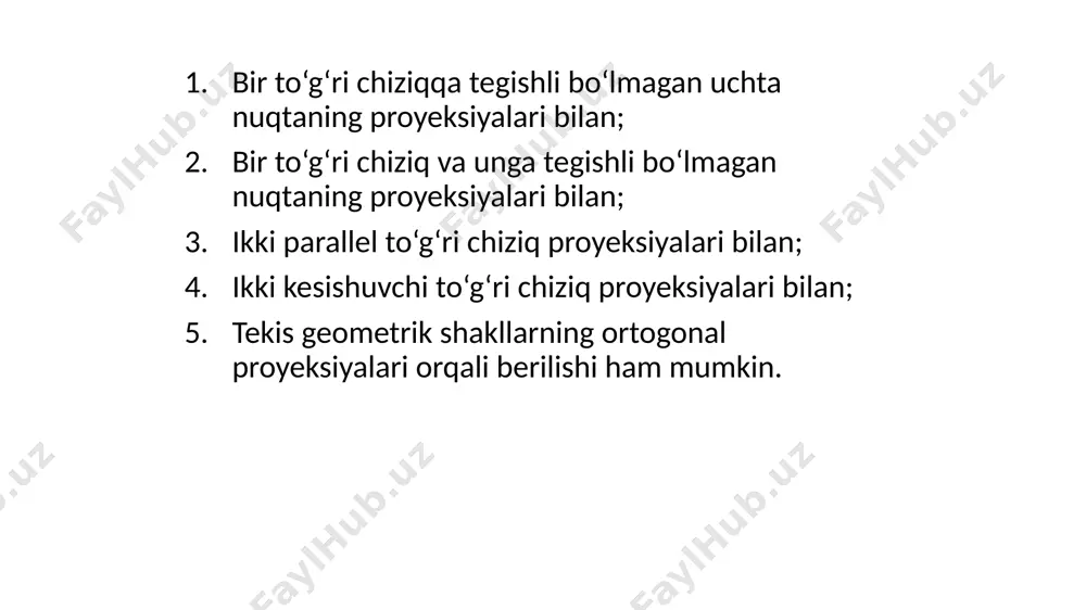 ari) hamma vaqt bir-biriga parallel bo‘ladi. ammo proyeksiyalar tekisligidan talab qilingan masofada tekislikning faqat bitta bosh chizig‘ini o‘tkazish mumkin. tekislikning profil chizig‘i ta’rif. agar tekislikka tegishli to‘g‘ri chiziq profil proyeksiyalar tekisligiga parallel bo‘lsa, bu to‘g‘ri chiziq tekislikning profil chizig‘i yoki profili deyiladi. tekislikning profil chizig‘i bunda pq bo‘lib va p||w bo‘lsa, p to‘g‘ri chiziq q tekislikning profili bo‘ladi. chizmada tekislik profil chizig‘ining gorizontal va frontal proyeksiyasi ox o‘qiga perpendikulyar bo‘ladi. profil proyeksiyasi esa, proyeksiyalar o‘qlariga nisbatan turlicha joylashuvi mumkin. agar tekislik izlari bilan berilgan bo‘lsa, profilning profil proyeksiyasi tekislikning profil iziga parallel bo‘ladi. tekislikning eng katta og‘ma chizig‘i ta’rif. tekislikka tegishli va tekislikning bosh chiziqlaridan biri (gorizontal yoki frontal)ga perpendikulyar to‘g‘ri chiziq tekislikning eng katta og‘ma chizig‘i deb ataladi. agar p tekislikka tegishli e to‘g‘ri chiziq tekislikning gorizontaliga perpendikulyar bo‘lsa, u holda e to‘g‘ri chiziqni p tekislikning h tekislikka nisbatan eng katta og‘ma chizig‘i deyiladi. p tekislikning h tekislikka eng …
