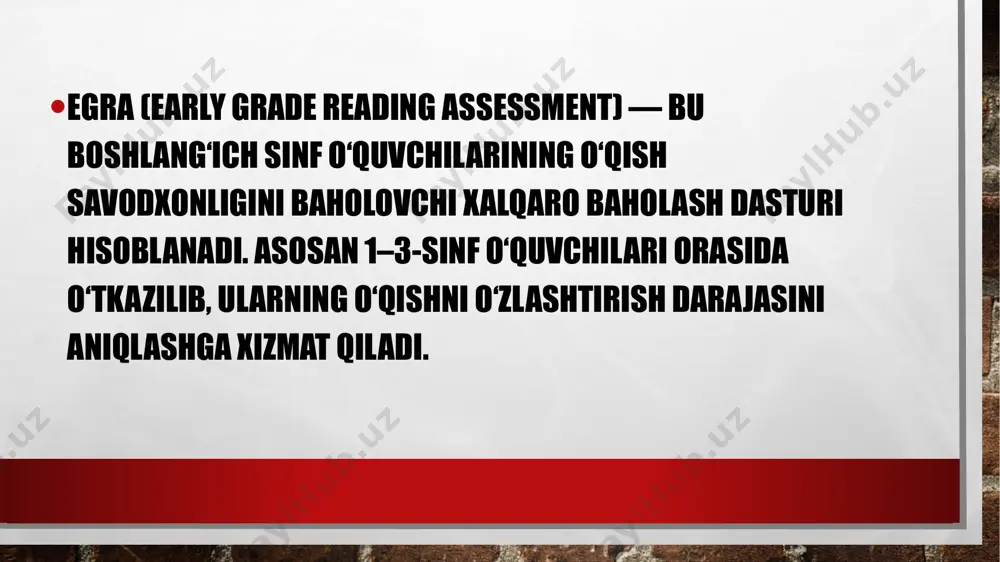 xshilash bo‘yicha tavsiya va islohotlar kiritish. egma va boshqa baholash tizimlaridan farqi: egma testlari odatda og‘zaki va yozma shaklda o‘tkaziladi. baholash natijalari yordamida o‘quvchilarning real bilim darajasi aniqlanadi. egra (o‘qish bo‘yicha baholash tizimi) bilan ko‘pincha birgalikda o‘tkaziladi. image3.jpg image4.jpeg image5.jpeg image6.jpeg /docprops/thumbnail.jpeg