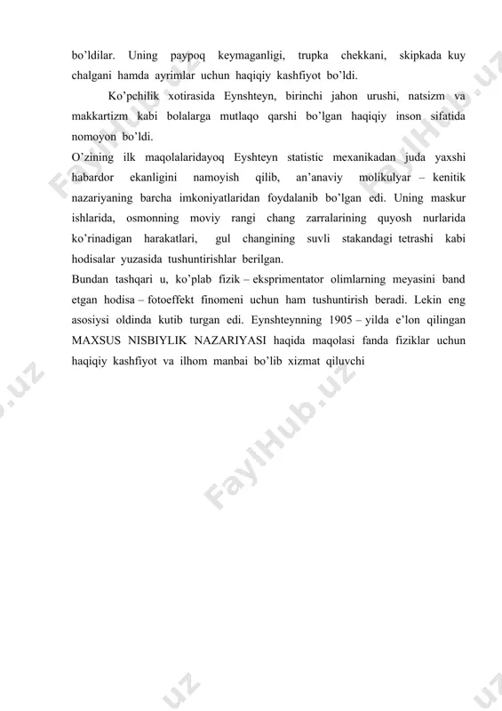 uchining ta’siri tufayli yuzaga kelgan edi. biroq, vaqt kam bo’lgani sababli eynshteyn bular borasida taxminiy-taqribiy yaqinlashuv asosidagi xulosalar bilan cheklangan edi. bu orada uning nazariyasi istisnosiz ravishda faqat fiziklar orasida qiziqish uyg’ota boshladi. dastlabki aniq o’lchovlarni astronom karl shvartsshild (18731916) tomonidan olindi. shvartsshild tug’ma astronom bo’lgan. uning qo’shaloq yulduzlar orbitasi haqidagi ilk maqolasi, hali o’quvchilik yillaridayoq, aniqrog’i, 16 yoshga kirgan paytida nashrdan chiqqan edi. yangi 1915 yil kirishiga uch kun qolganda u eynshteynga xat yozib, merkuriy orbitasidagi anomaliyalar haqidagi o’z qarashlarini va hisob-kitoblarini bayon qilgan edi: «ko’rib turganingizdek, urush olovi hozircha meni chetlab o’tmoqda va sizning ilmiy g’oyalaringiz nafasidan bahramand bo’lishim imkonini bermoqda». shvartsshild, izolyatsiyalangan nuqtaviy yulduz uchun eynshteyn tenglamalarining aniq yechimini topishga muvaffaq bo’ldi. u qaralayotgan osmon jismini, sferik simmetrik shakldagi zaryadlanmagan va qo’zg’almas jism tarzida soddalashtirib qabul qildi. shvartsshild metrikasi orqali sferik osmon jismining tashqarisidagi zamon – makon egrilanishini hamda, iozlyatsiyalangan, aylanmaydigan, zaryadlanmagan massaning gravitatsiya maydonini yetarlicha kata …