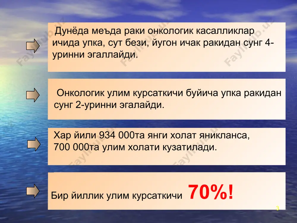 енцированная). аденокарцинома слизистая (низкодифференцированная). опухоль, в которой сохраняется значительное количество преимущественно внеклеточной слизи; иногда – с перстневидными клетками. перстневидноклеточный рак (ак низкодифференцированная) = ак, представленная преимущественно изолированными опухолевыми клетками с выраженным внутри-клеточным слизеобразованием. халкаро tnm таснифи tx – бирламчи усмани аниклаш учун маълумот кам. tis – инвазия бермаган усма. то - бирламчи усма аникланмаган. т1 – усма меъдани факат шиллик еки шиллик ости кавати билан шикастлаган. т2 – усма меъда деворига чукур усиб кирган ва мушак каватини шикастлаган. т3 - усма меъда деворига чукур усиб кирган ва сероз каватини шикастлаган, лекин кушни органларга усиб кирмаган. т4 - усма меъда деворига чукур усиб кирган ва унинг ярмидан купрок кисмини шикастлаган еки кушни органларга усиб кирган. nх- регионар лимфа тугунлар бахолаш имкони йук n0- регионар лимфа тугунларда метастаз йук n1- 1-6 регионар лимфа тугунларда метастаз бор n2- 7-15 регионар лимфа тугунларда метастаз бор n3- 15 -16 регионар лимфа тугунларда метастаз бор мх- …