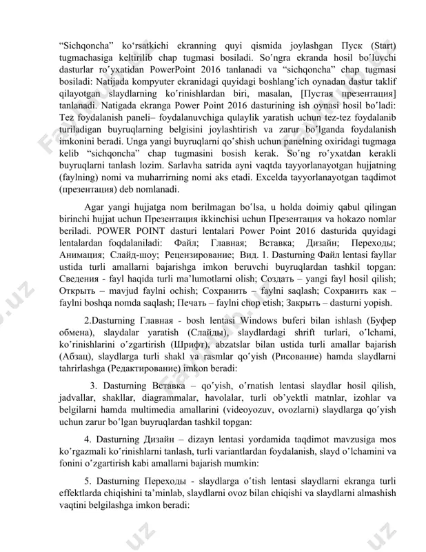 mumkin. power point dasturining imkoniyatlari quyidagilardan iborat:: • taqdimot (prezentatsiya) va slaydlar tashkil qilish; • rasm va grafiklarni slaydlarga joylashtirish; • web uchun taqdimot (prezentatsiya) tashkil qilish; • internetda hamkoplikda ishlash; • ms office dasturlari bilan hamkoplikda ishlash. power point 2016 dasturini ishga tushirish power point 2016 dasturini yuklashdan oldin windows 10 amaliyot tizimi dasturini yuklash lozim. bu esa sodda, ya’ni hozirgi paytda kompyuter yuklanishi bilan amalga oshadi. power point dasturini yuklash jarayoni quyidagicha: “sichqoncha” ko‘rsatkichi ekranning quyi qismida joylashgan pusk (start) tugmachasiga keltirilib chap tugmasi bosiladi. so‛ngra ekranda hosil bo‛luvchi dasturlar ro‛yxatidan powerpoint 2016 tanlanadi va “sichqoncha” chap tugmasi bosiladi: natijada kompyuter ekranidagi quyidagi boshlang‛ich oynadan dastur taklif qilayotgan slaydlarning ko‛rinishlardan biri, masalan, [pustaya prezentatsiya] tanlanadi. natigada ekranga power point 2016 dasturining ish oynasi hosil bo‛ladi: tez foydalanish paneli– foydalanuvchiga qulaylik yaratish uchun tez-tez foydalanib turiladigan buyruqlarning belgisini joylashtirish va zarur bo‛lganda foydalanish imkonini beradi. unga yangi buyruqlarni qo‛shish …