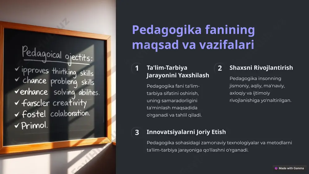 da o'quv fanlarini o'qitish metodikasini o'rganadi. 5 pedagogika fanining boshqa fanlar bilan aloqasi psixologiya psixologiya pedagogikaning asosiy tayanch fanlaridan biri bo'lib, o'quvchilarning rivojlanish xususiyatlarini o'rganadi. falsafa pedagogika falsafaning insonparvarlik g'oyalari, olamni bilish nazariyalari bilan chambarchas bog'liq. sotsiologiya pedagogika jamiyatdagi ta'lim-tarbiya jarayonlarini, ularning ijtimoiy aloqalarini o'rganadi. 6 pedagogika fanining amaliy ahamiyati 1 ta'lim sifatini oshirish pedagogika zamonaviy ta'lim texnologiyalarini ishlab chiqish va tatbiq etish orqali ta'lim sifatini yaxshilaydi. 2 kadrlar tayyorlash pedagogik kadrlarni tayyorlash va ularga maqsadli taʼlim-tarbiya berish maqsadida rivojlanadi. 3 hayotiy ko'nikmalarni shakllantirish pedagogika talabalar va o'quvchilarga hayotiy muhim ko'nikmalarni shakllantirish bilan shug'ullanadi. 7 xulosa va takliflar pedagogika fani tarixiy taraqqiyot jarayonida shakllangan va hozirgi zamon talablari asosida rivojlanib bormoqda. uning maqsad va vazifalari, asosiy tamoyillari, rivojlanishiga ta'sir etuvchi omillar, yo'nalishlari va boshqa fanlar bilan aloqalari muhim ahamiyat kasb etadi. pedagogika fanining nazariy va amaliy jihatlarini chuqur o'rganish, uni zamonaviy talablar darajasida yuksaltirish, ta'lim-tarbiya sifatini oshirish borasidagi izlanishlar davom …