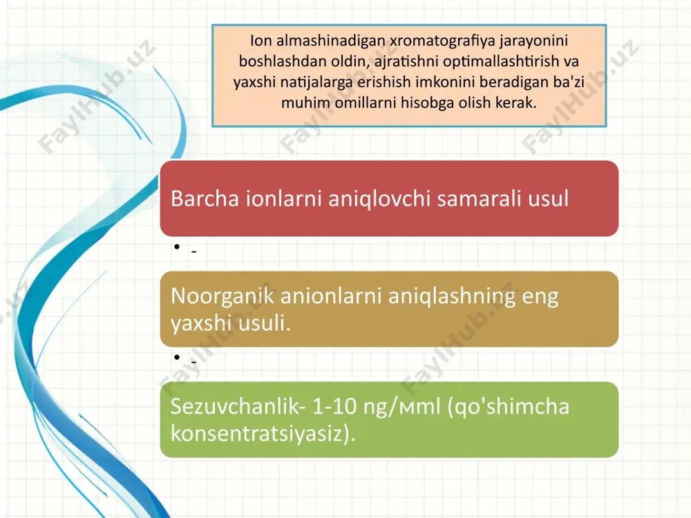oshqacha qilib aytganda, statsionar faza ijobiy zaryadga ega bo'lganda, u anion turlarini ajratishda ishlatiladi va ushbu faza tabiatda anion bo'lsa, u namunada mavjud bo'lgan kationik turlarni ajratishda ishlatiladi. - elektr zaryadini ko'rsatadigan va suvda eruvchanligini ko'rsatadigan birikmalarga (aminokislotalar, kichik nukleotidlar, peptidlar va yirik oqsillar kabi) qarama-qarshi zaryadni taqdim etadigan qismlar bilan birlashib, faz bilan ion bog'lanishlarini hosil qiladi. erimaydigan statsionar. teskari-fazali taqsimlanish yuqx asosan qutbli va qutbsiz moddalar aralashmasini analiz qilishda ishlatiladi. plastinka turi moddalar harakatli fazalar diolsilikagel glyukazidlar etilatsetat-25% ammiak erit- masi (100:1) nitrilsilikagel protestaronlar petroleybenzin -atseton (8: 2) aminosilikagel alkaloidlar xloroform-metanol (100:4) rp-2 silikagel piridazin hosilalari metanol-suv (7:3) rp-8 silikagel aflatoksin metanol-suv (20:1) rp-18 silikagel alkaloidlar metanol-0,5 nacl (65:35) harakatsiz faza sifatida kolonkali suyuqlik xromatografiyasida ishlatiladigan sorbentlar qo’llaniladi. sorbentning qalinligi 200-500 mkm, zarracha o’lchami esa 20 mkm tashlil etadi. o’tilgan yo’lning uzunligi 12 sm bo’lganda nazariy tarelkalar soni 2000 gacha yetishi mumkin. tajriba vaqti 25 minut atrofida bo’ladi. …