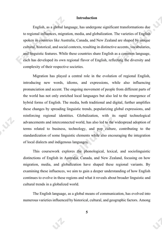 ariants to identify both shared and distinct characteristics. chapter i. linguistic features of english in australia, canada, and new zealand 1.1 phonological variations: accent and pronunciation phonological variation is a key feature distinguishing regional englishes, with accent and pronunciation being the most noticeable differences among them. in australia, canada, and new zealand, accent and pronunciation have been shaped by historical influences, migration patterns, and ongoing sociolinguistic factors, making them vital to understanding each region’s linguistic identity. vowel shifts: australian english features significant vowel shifts that differentiate it from other varieties of english. for example, the short i sound in words like kit may sound closer to ee, leading to the distinction of "kit" and "keet." additionally, australian english often employs a non-rhotic accent, meaning that the r at the end of words like car is not pronounced unless followed by a vowel. diphthongs: the use of diphthongs (a combination of …