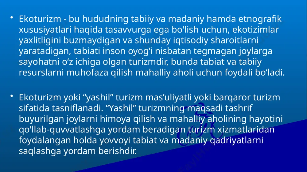 bilish bilan birlashtirilgan rejalashtirilgan va tashkil etilgan turizm. ushbu turdagi faoliyat atrof-muhitning yomonlashuviga olib kelmaydi, tabiiy resurslarni muhofaza qilishni qo‘llab-quvvatlaydi va qo‘llab-quvvatlaydi, mahalliy aholining aksariyat ijtimoiy guruhlariga etib boradigan va barqaror “gorizontal” rivojlanishga hissa qo‘shadigan iqtisodiy afzalliklarni yaratadi. bundan tashqari, haqiqiy ekoturizm odamlar va tabiat uchun adolat keltiradi». farg‘ona viloyatining ekoturizm maskanlari sifatida farg‘ona tumanidagi “shohimardon” turistik zonasi, quva tumaniadgi “karkidon” suv ombori akvatoriyasida tashkil etilgan dvam olish maskanlari va beshariq tumanini kesib o‘tuvchi sirdaryo bo‘yidagi “sariqamish” o‘rmon hududlari sayyohlar uchun xizmat qilmoqda. shohimardon o‘zbekiston ekoturizm sohalarini rivojlantirishda ulkan salohiyatga ega bo‘lib, geografik va tabiiy joylashuvi respublikamiz hududida ekologik turizmni rivojlantirish uchun qulaydir. davlatimiz rahbari tomonidan ichki turizmni rivojlantirishga katta e’tibor qaratilib, turizm, jumladan ekoturizmni rivojlantirishga doir qator vazifalar belgilab berildi. o‘zbekiston respublikasi bosh vazir o‘rinbosari aziz abduhakimov boshchiligidagi ishchi guruh ekologik turizm maskani hisoblangan buxoro viloyatidagi «jayron» ekomarkaziga borib, u yerning sayyohlik mavsumiga tayyorgarligini ko‘zdan kechirdi. tashrif doirasida markazning …