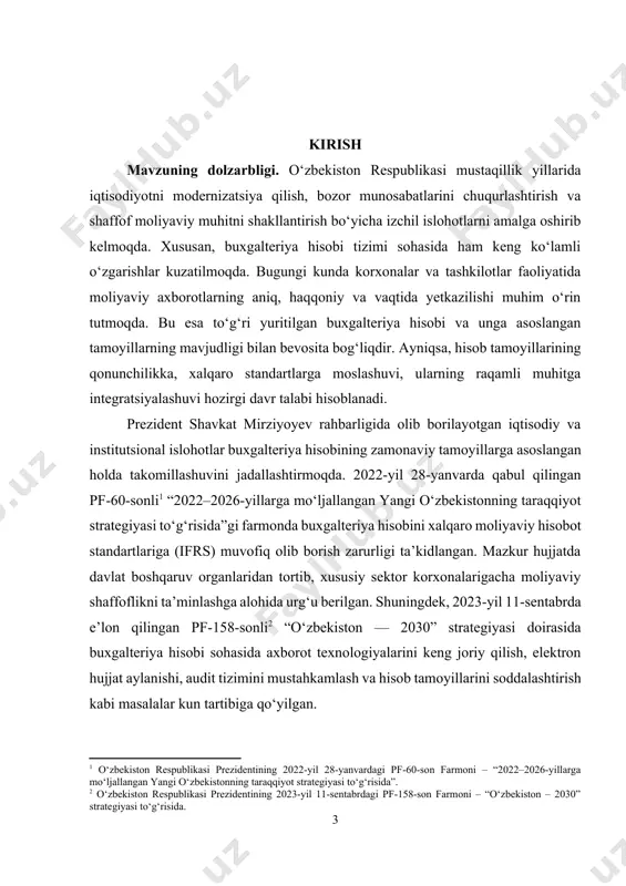 i bilan ham bevosita bog‘liqdir. prezident farmonlari bilan joriy etilgan yangi yondashuvlar asosida har bir korxona moliyaviy hisobotlarini belgilangan tamoyillarga mos ravishda yuritishi, bu orqali nafaqat davlat soliqlar tizimi bilan uyg‘unlikda ishlashi, balki o‘z ichki boshqaruv qarorlarini ham ishonchli asosda qabul qilishi ta’minlanmoqda. shunday ekan, buxgalteriya hisobi tamoyillarining dolzarbligi hozirgi islohotlar sharoitida yanada oshib, uni o‘rganish va amaliyotga tatbiq etish muhim metodik vazifaga aylanmoqda. kurs ishining maqsadi. buxgalteriya hisobi tamoyillarining nazariy asoslarini, ularning amaliyotdagi o‘rni va ahamiyatini chuqur tahlil qilish, shuningdek, bu tamoyillarni xalqaro moliyaviy hisobot standartlariga (ifrs) moslashtirish jarayonini o‘rganishdan iborat. kurs ishining vazifalari: 1. buxgalteriya hisobi tamoyillarining nazariy asoslarini o‘rganish. 2. amalga oshirilayotgan islohotlar asosida ularning dolzarbligini aniqlash. 3. tamoyillarning amaliyotdagi qo‘llanilishi va muammolarini tahlil qilish. 4. yangi yondashuvlar asosida taklif va tavsiyalar ishlab chiqish. kurs ishining predmeti. buxgalteriya hisobi tizimida qo‘llaniladigan asosiy tamoyillar va ularning xo‘jalik yurituvchi subyektlar faoliyatida qo‘llanilishidir. kurs ishining obyekti. xo‘jalik yurituvchi subyektlarda buxgalteriya …