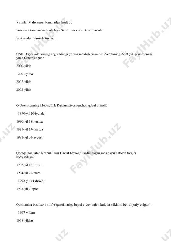 sining milliy valyutasini muomalaga kiritish to’g’risida»gi prezident farmoni e’lon qilini mamlakatimizda 1000 so’mlik banknotlar chiqarilgan «o’zbekiston respublikasida kadrlar tayyorlash milliy dasturi qabul qilingan yilni belgilang? 1996-yil 1997-yil 2001-yil 2005-yil 2001-yilda o'zbekiston «shanxay forumi»ga kirishi munosabati bilan uning («shanxay forumining) nomi qanday ataladigan bo’ldi? tashkent forumi shanxay beshligi osiyo hamkorlik tashkiloti shanxay hamkorlik tashkiloti quyidagi qaysi shahar 1996-yilda «amir temur» ordeni bilan mukofotlangan? termiz buxoro samarqand qarshi 2009-yilda quyidagi qaysi shaharning 2200 yillik yubileyi nishonlangan? samarqand marg'ilon toshkent termiz o‘zbekistonda bmtning vakolatxonasi ish boshlagan yilni aniqlang. 1993-yil 1998-yil 2000-yil 1995-yil o'zbekiston respublikasi konstitutsiyasi va qonunlariga ko‘ra, necha yoshga to'lgan fuqarolar oliy majlis deputatligiga saylanish huquqiga ega bo‘ladilar? 25 yoshga 30 yoshga 35 yoshga 21 yoshga o'zbekiston respublikasi konstitutsiyasi va qonunlariga ko‘ra, necha yoshga to'lgan fuqarolar viloyat, tuman va shahar kengashi deputatligiga saylanish huquqiga ega bo‘ladilar? 30 yoshga 35 yoshga 25 yoshga 21 yoshga o’zbekiston respublikasi mustaqillikka erishgach toshkentda birinchi bo'lib qaysi …