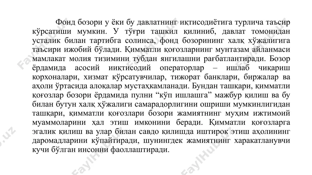айишига олиб келади. 8. кредит билан боғлиқ бўлган рисклар – қимматли қоғозларни чиқарган юридик шахснинг тўлов қобилиятининг пасайиши билан боғлиқдир. 9. валюта билан боғлиқ бўлган рисклар – бу кимматли коғозларни сотиб олишда валюта курсининг ўзгариши билан боғлиқдир. 10. конвертация билан боғлиқ бўлган рисклар – бу имтиёзли акцияларни, облигацияларни оддий акцияларга айлантириш жараёнида юзага келади. 11. тармоқ риски – бир тармоқдаги корхоналар ўзаро рақобатда яхши натижаларга эришиш учун қўшимча молиявий маблағларни сарфлайдилар натижада инвестициянинг даромадлиги пасаяди. 12. катострафик риск – тадбиркорларнинг қўпол хатолари натижасида корхонанинг банкротлик ҳолати билан боғлиқдир. 13. чет эл мамлакатларида жойлаштирилган қимматли қоғозларлар риски – бу қимматли қоғозларни молиявий жиҳатдан ўзига мустаҳкам бўлмаган мамлакатларда жойлаштириш билан боғлиқ. бу мамлакатнинг сиёсий, ижтимоий, иқтисодий вазияти билан, ундаги солиқ сиёсати билан боғлиқдир. 14. регионал риск – бу турли регионларни иқтисодий ҳолати, фонд бозорининг ривожланиш даражаси, кимматли когозлар бозорини уюштиришдаги савдо-сотиқ технологияси солиқ сиёсати, экологик вазият, маҳаллий ҳокимиятларнинг иш услуби билан боғлиқ. …